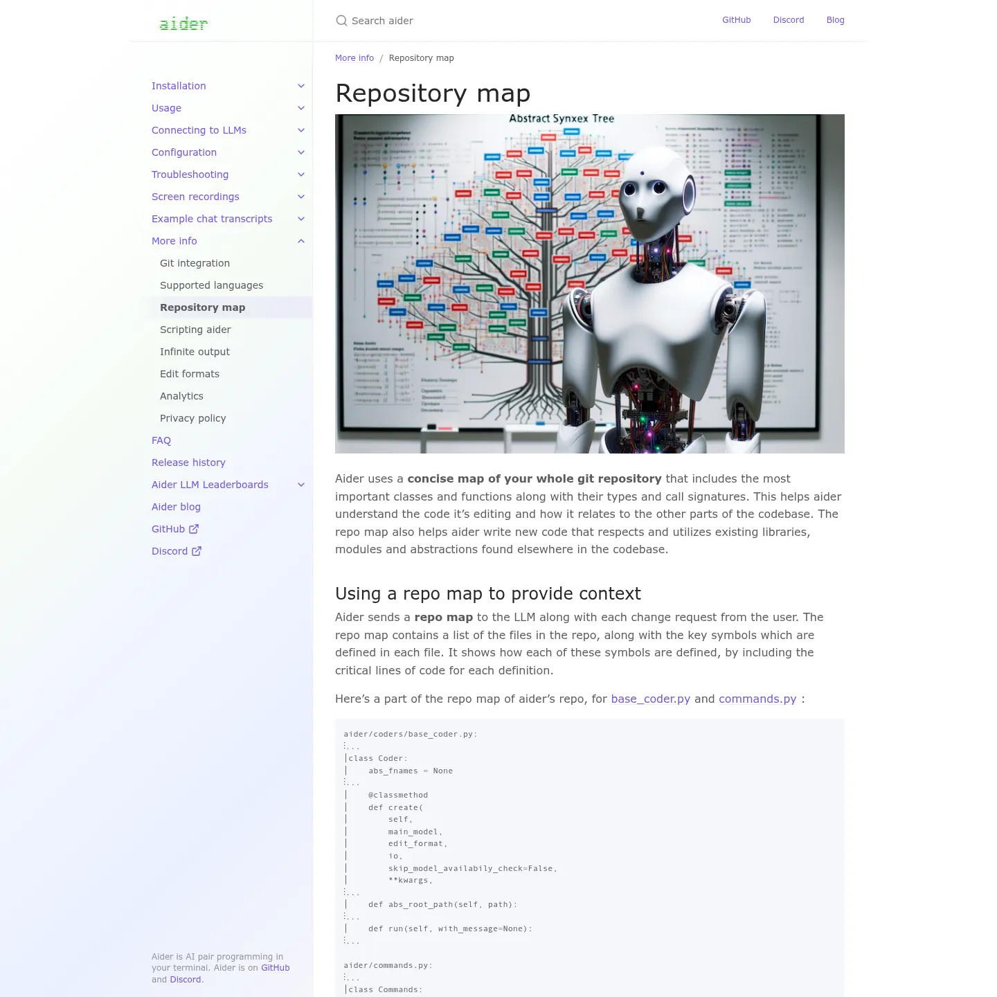 Documentazione della mappa del repository di Aider con un esempio di classi e firme delle funzioni