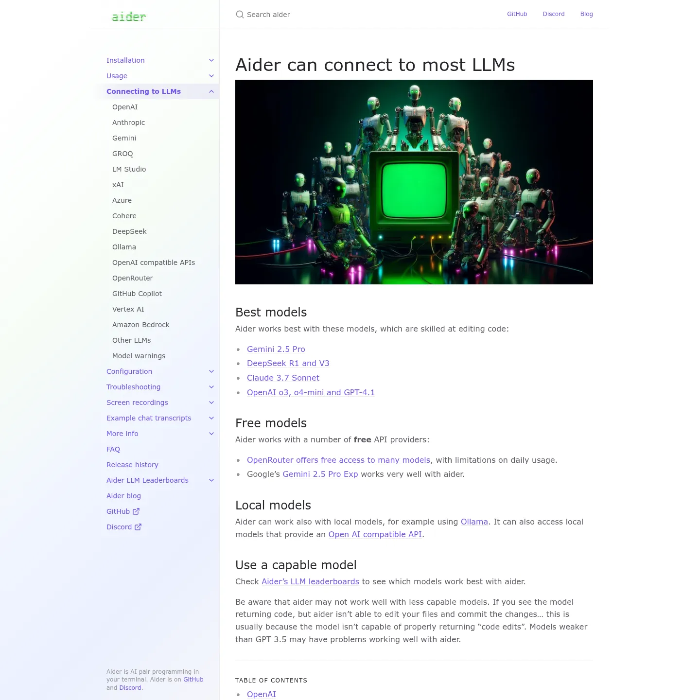 Documentazione dei modelli di Aider con fornitori cloud e collegamenti ai modelli locali