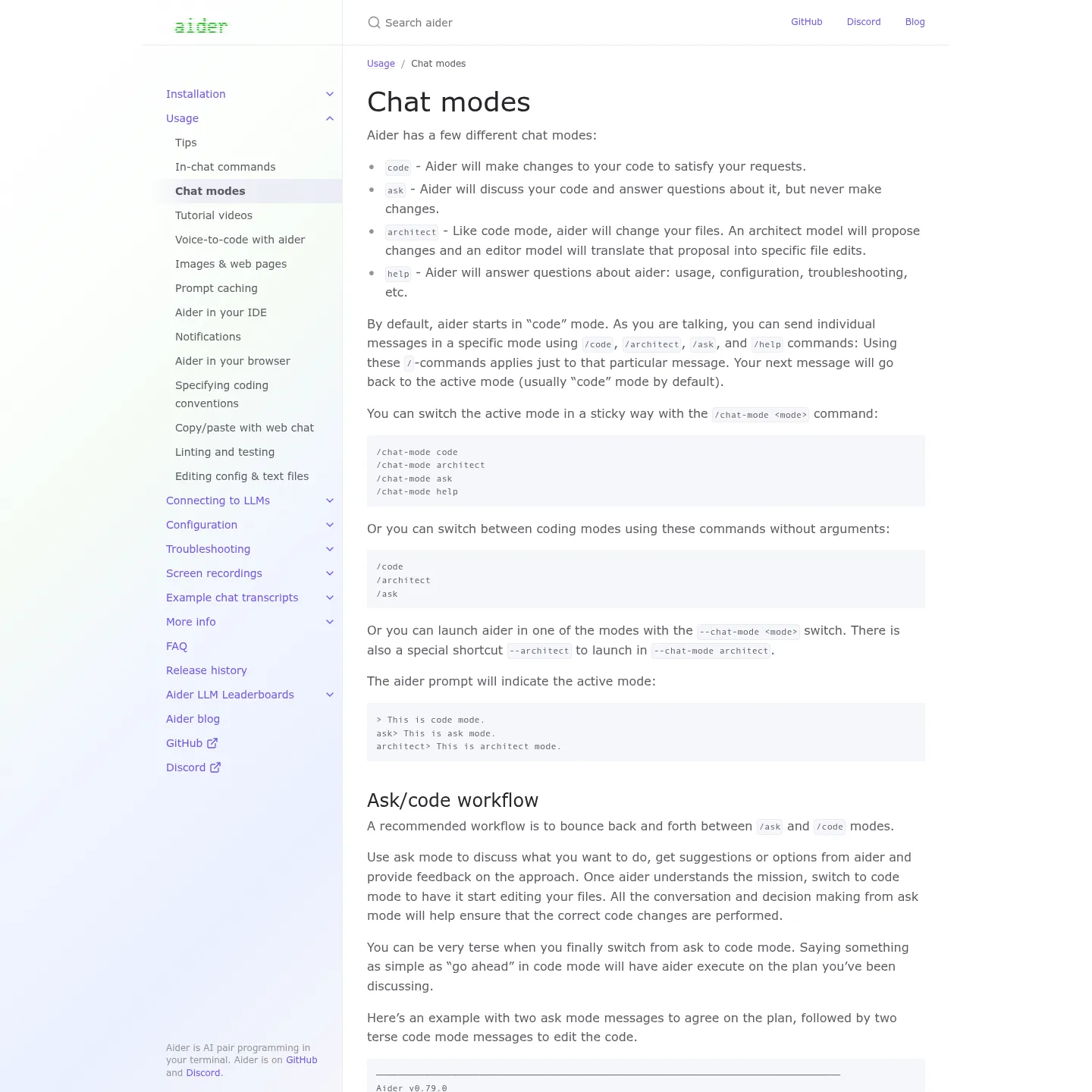 Documentazione delle modalità di chat di Aider: code, ask, architect e help
