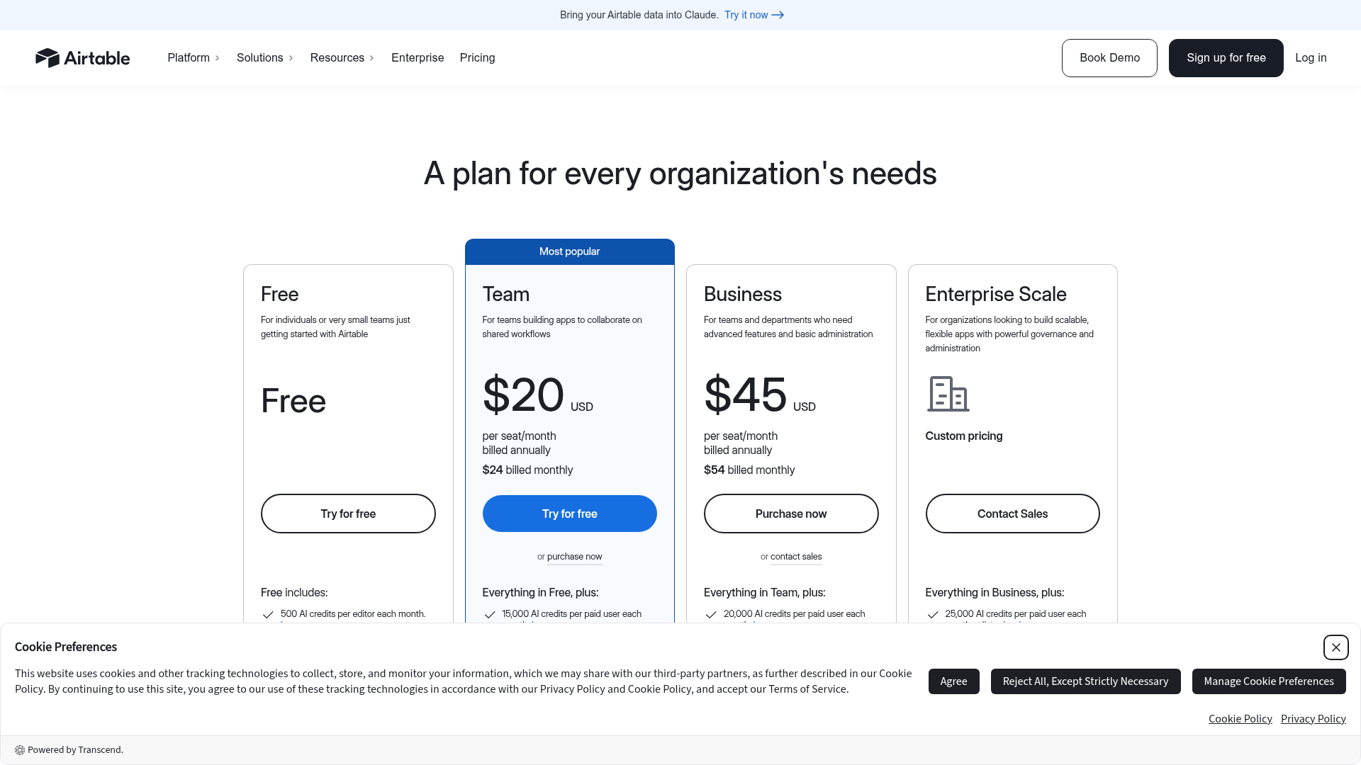 Airtable pricing page showing Free, Team, Business, and Enterprise Scale plans
