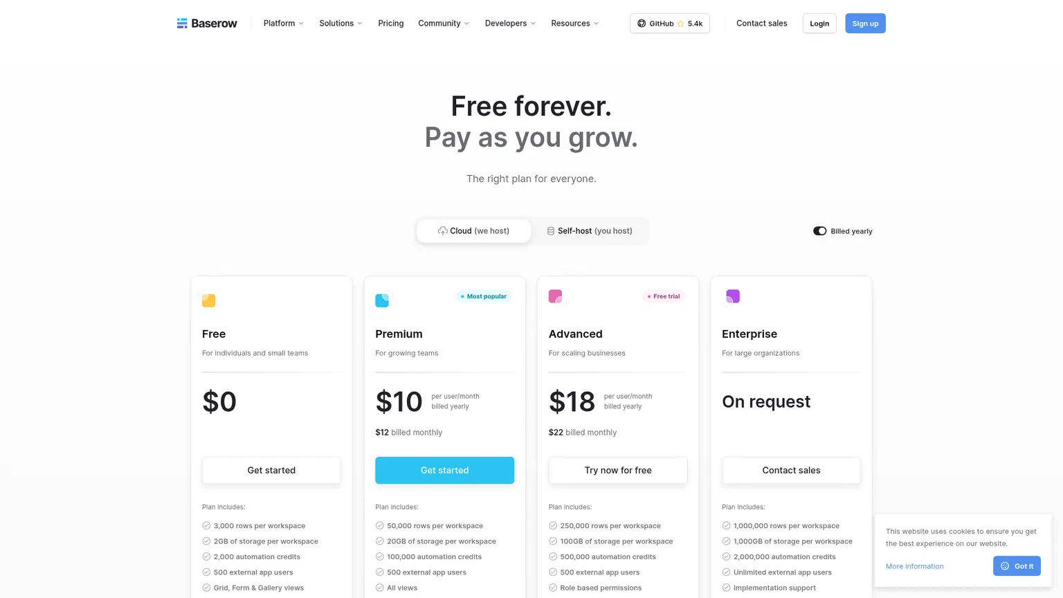 Página de precios de Baserow mostrando los planes Free, Premium, Advanced y Enterprise