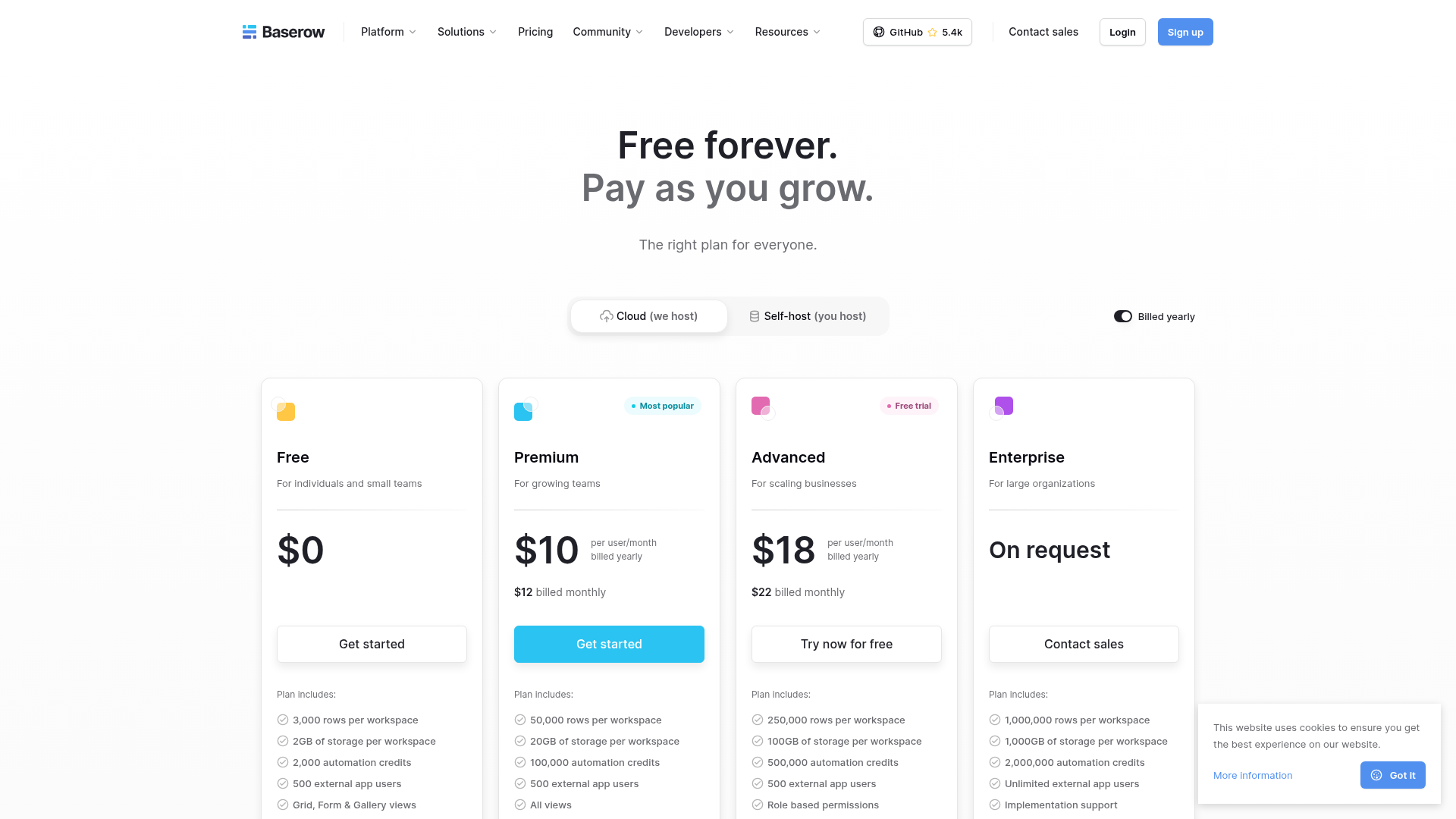 Baserow pricing page showing Free, Premium, Advanced, and Enterprise plans