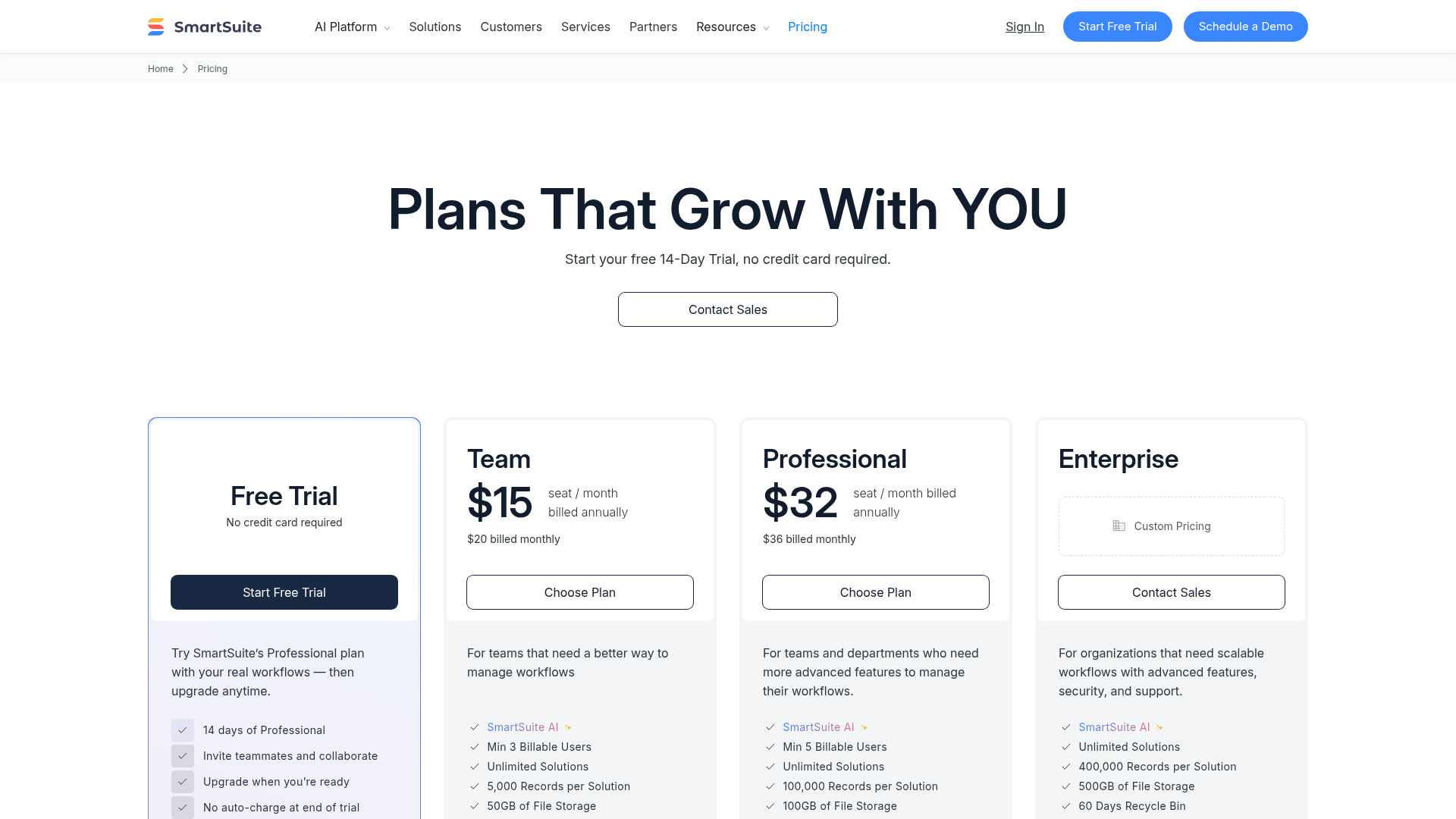 SmartSuite pricing page showing Team, Professional, and Enterprise plans