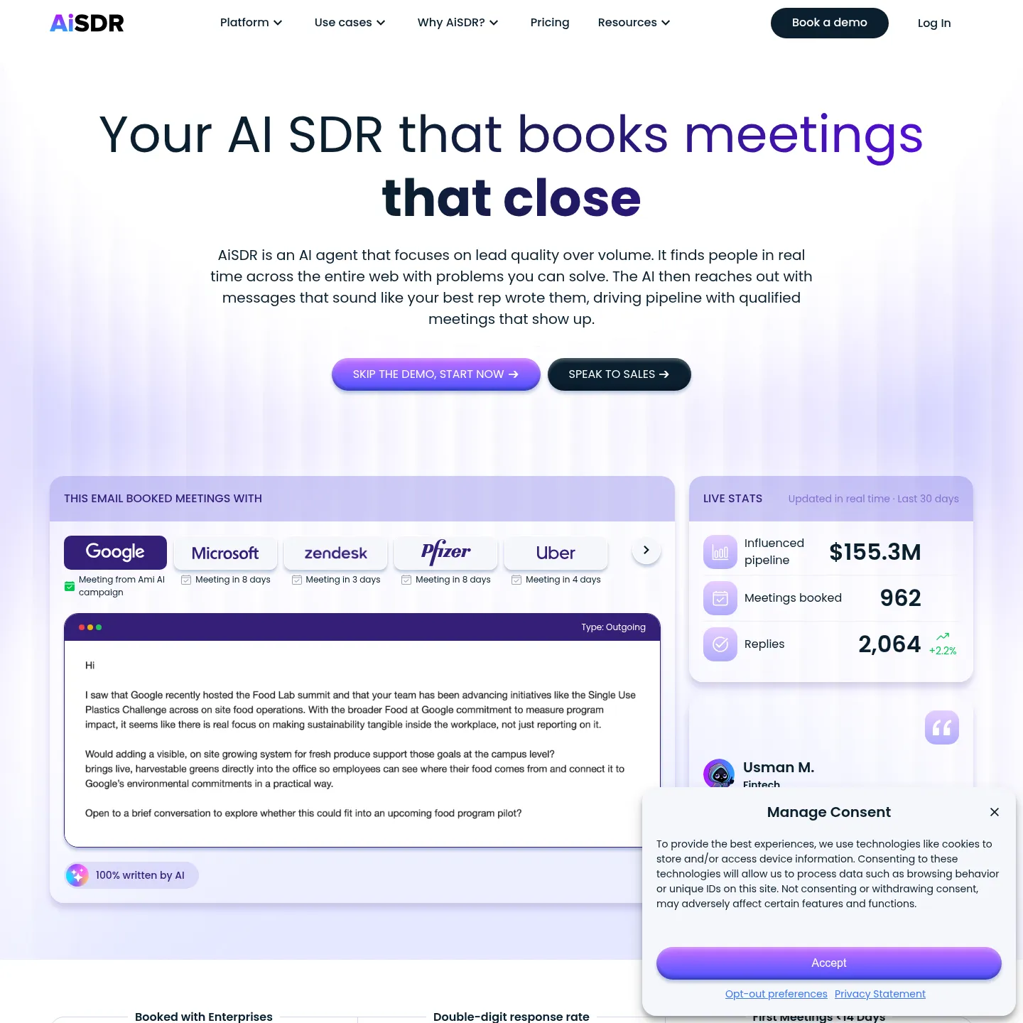 AI 영업개발 플랫폼을 소개하는 AiSDR 홈페이지