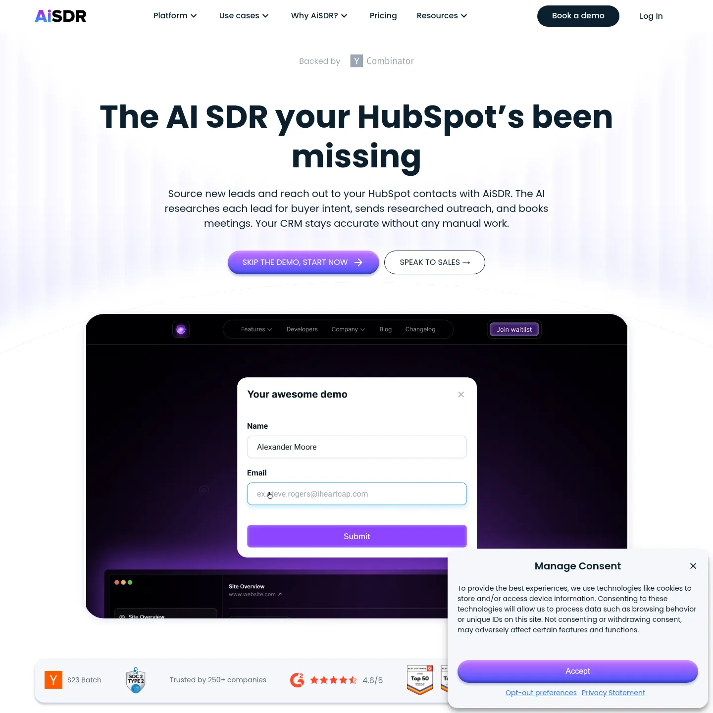 동기화, 개인화, 발송 제외 통제를 소개하는 AiSDR HubSpot 연동 페이지