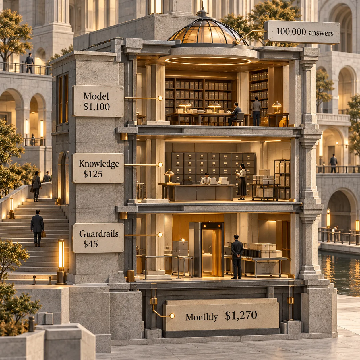 Architectural section adds $1,100 model inference, $125 knowledge-base costs and $45 guardrails to a $1,270 monthly subtotal for 100,000 answers