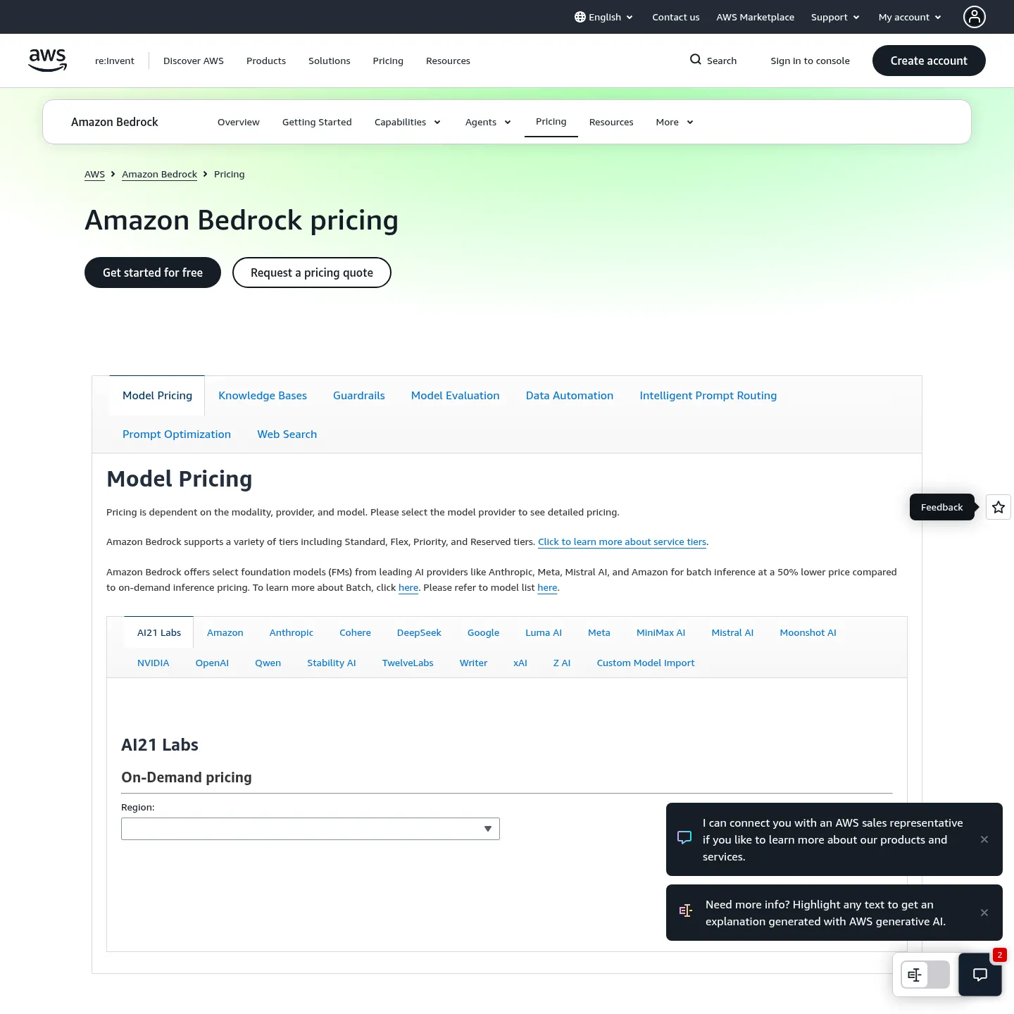 Amazon Bedrock official pricing page with model and service pricing sections