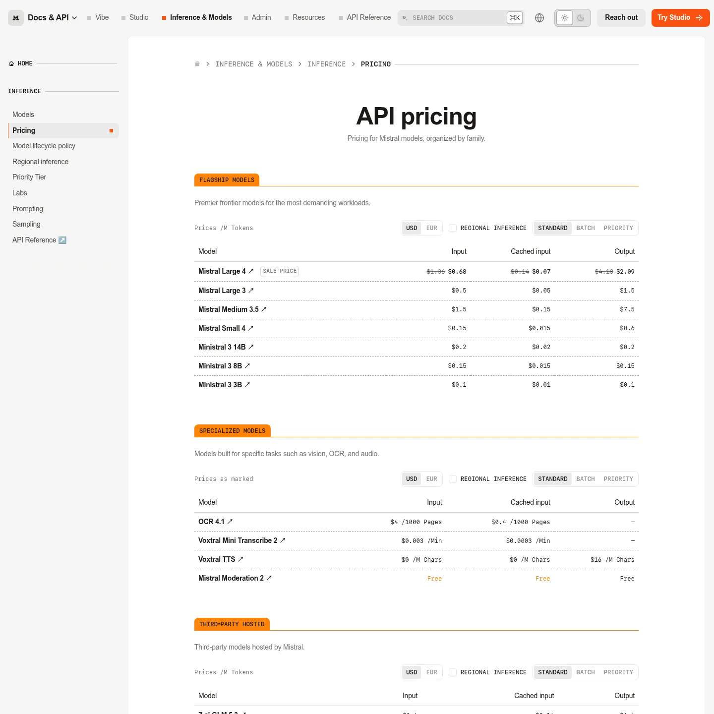 Mistral official pricing page showing Mistral Large 3 input, cached input and output prices