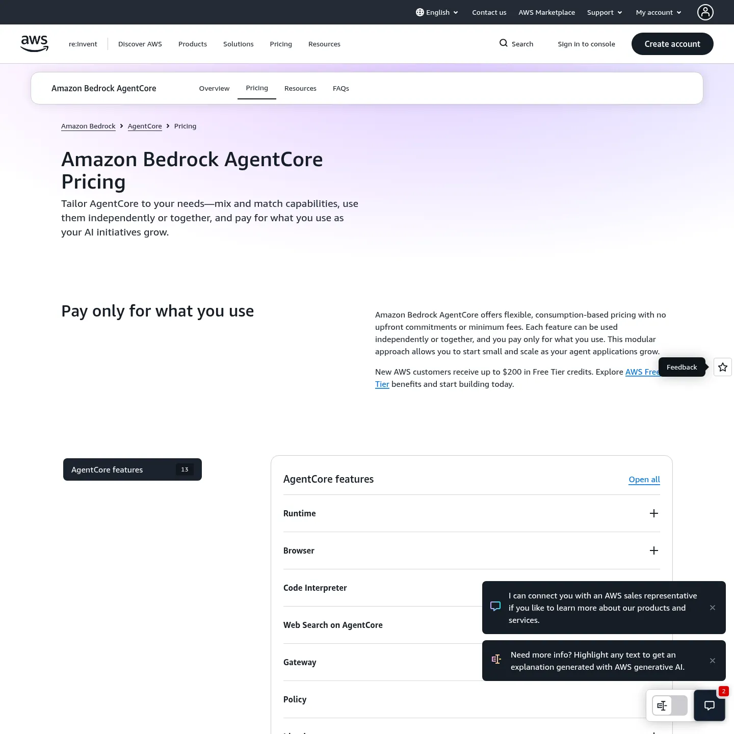 Amazon Bedrock AgentCore official pricing for runtime, gateway and memory
