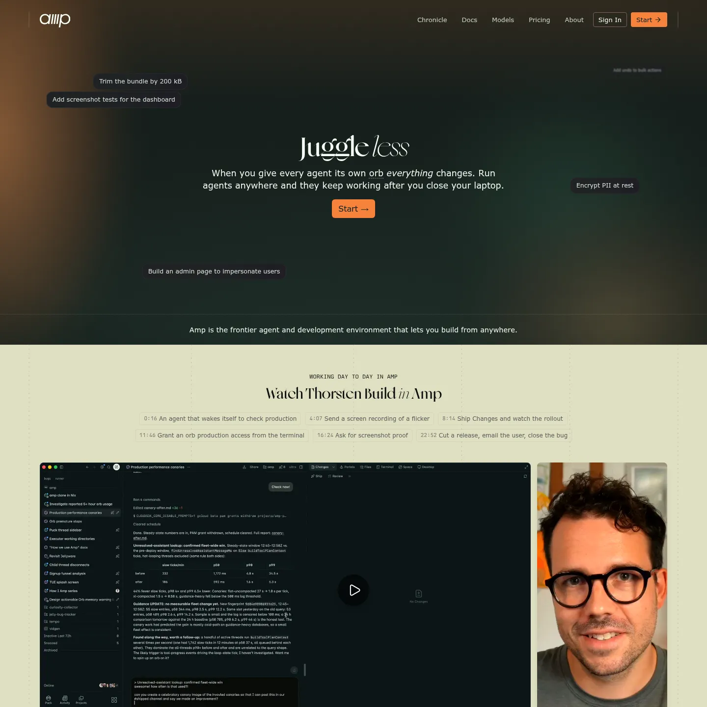 Amp public homepage describing its coding agent and development environment