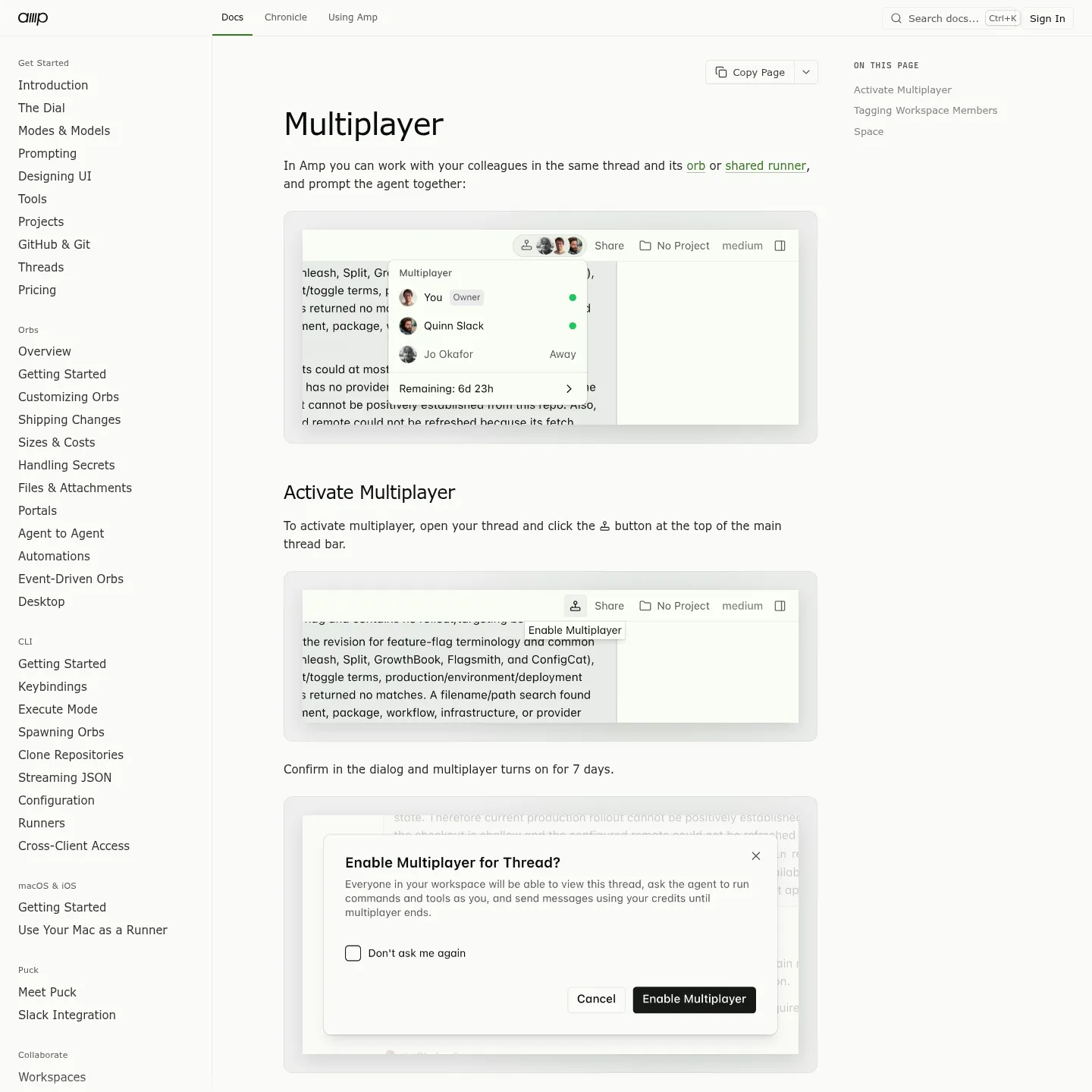 Amp multiplayer documentation describing workspace access to threads, machines, files and secrets