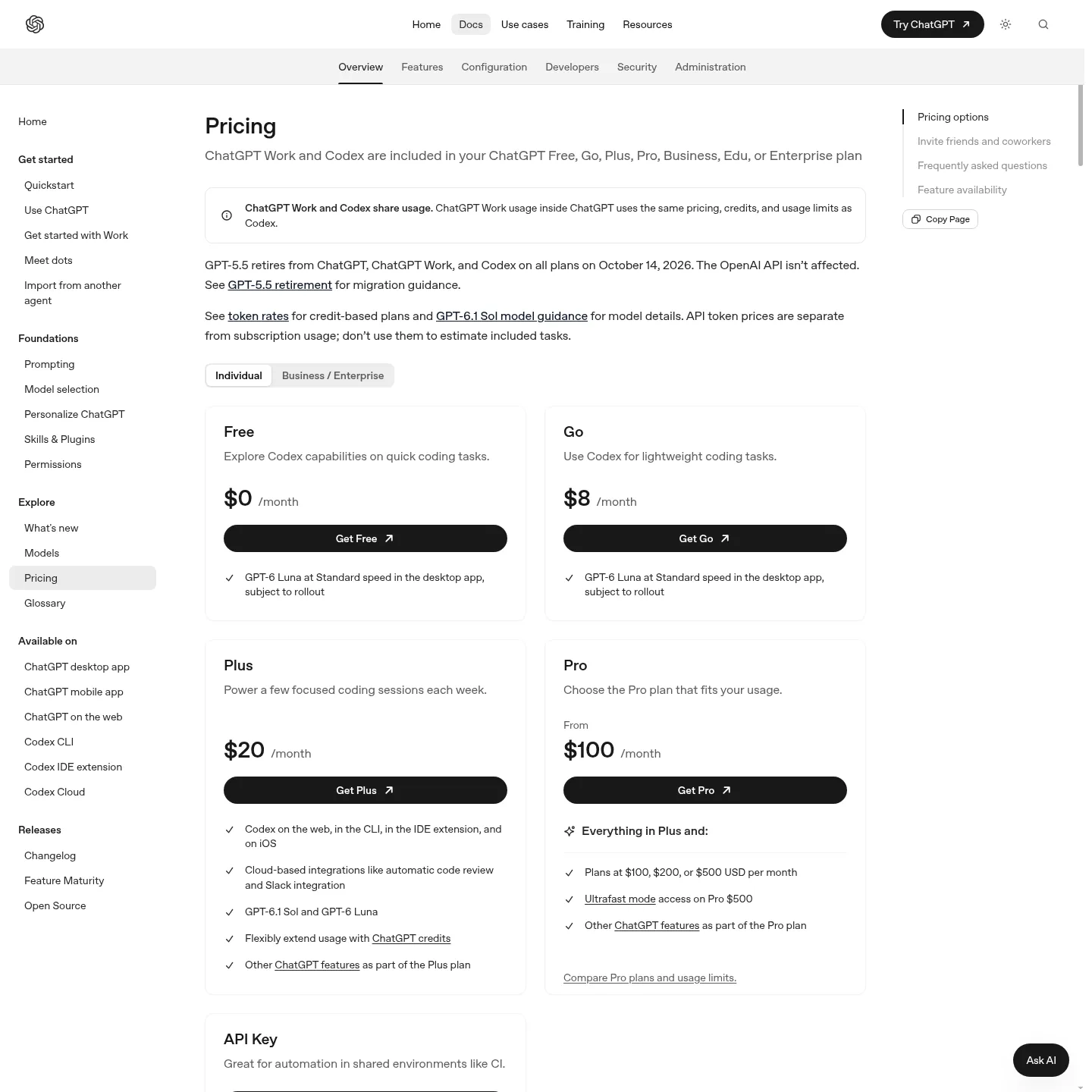 Official Codex pricing page with Free, Go, Plus and other plan options