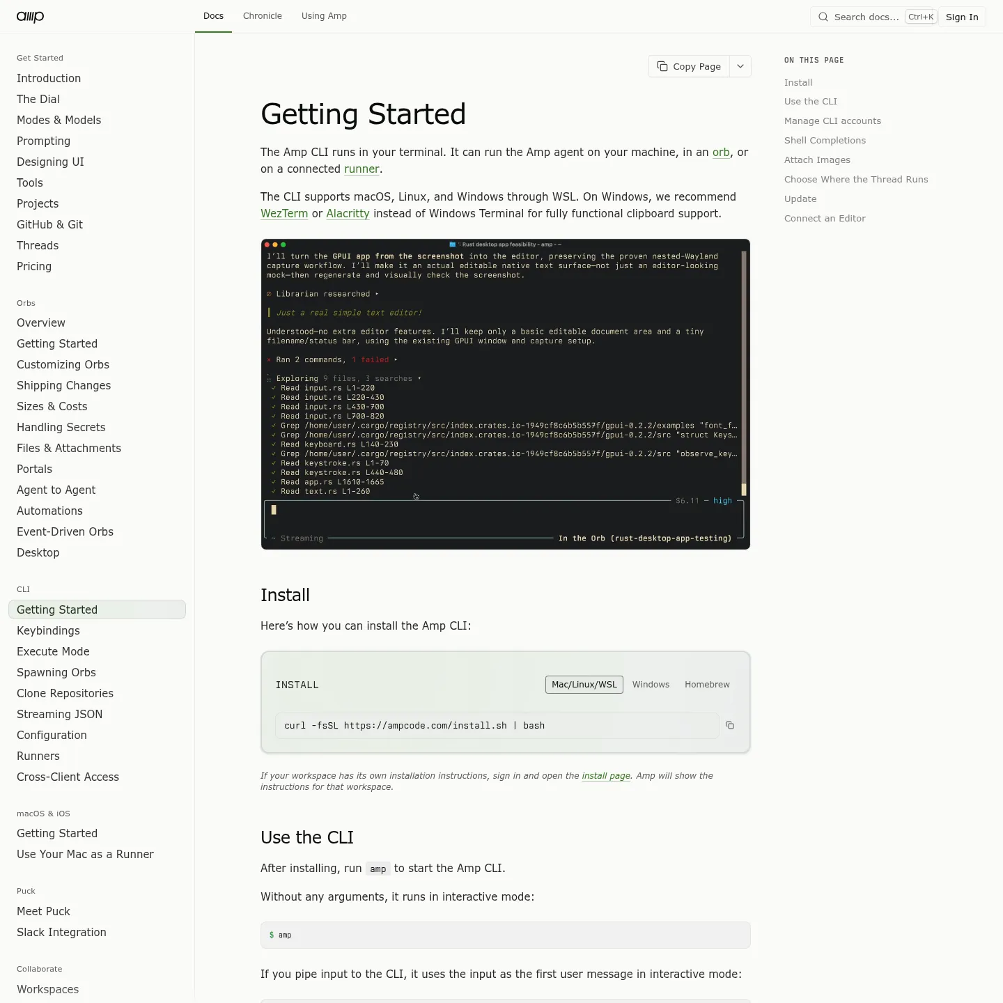 Amp CLI manual with supported platforms, installation and editor connection instructions
