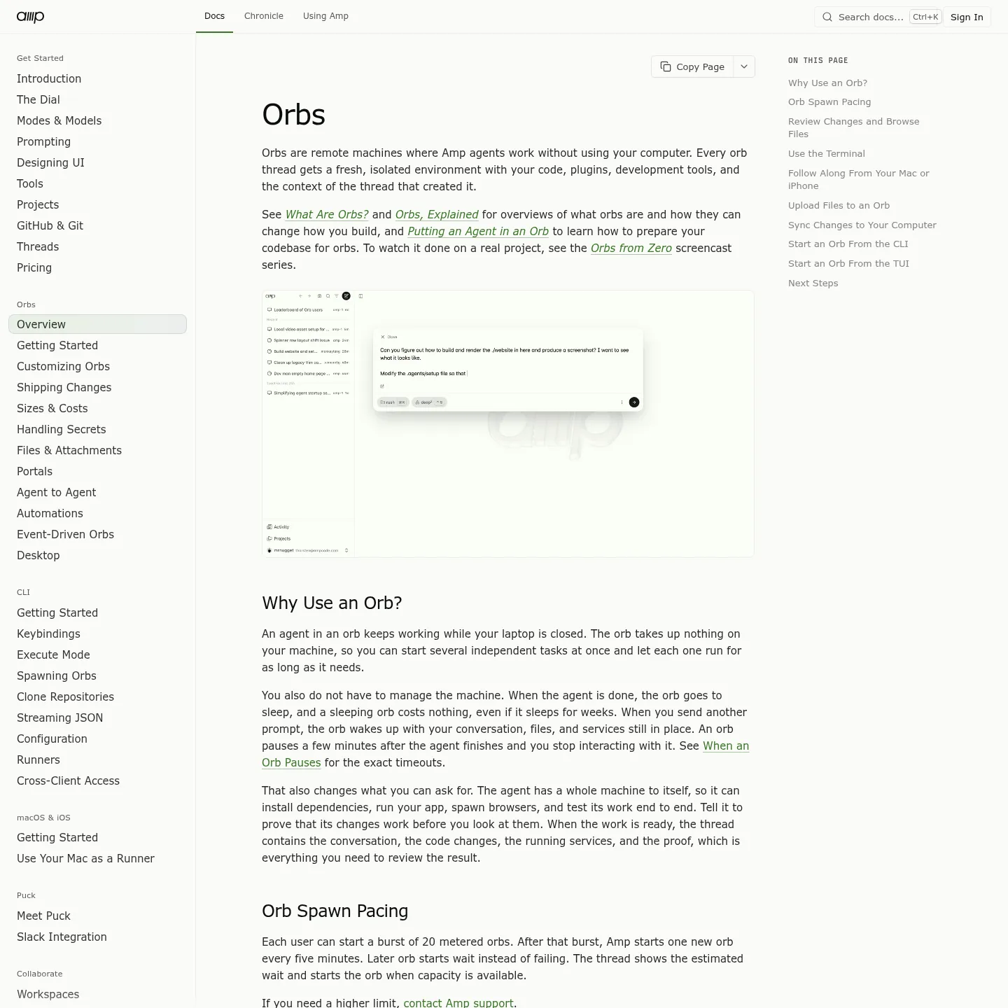 Amp Orbs documentation explaining isolated machines, reviewing changes and terminal access