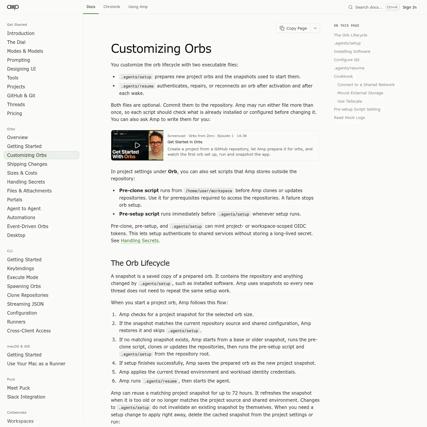 Amp documentation for setup scripts, resume scripts and reusable Orb snapshots