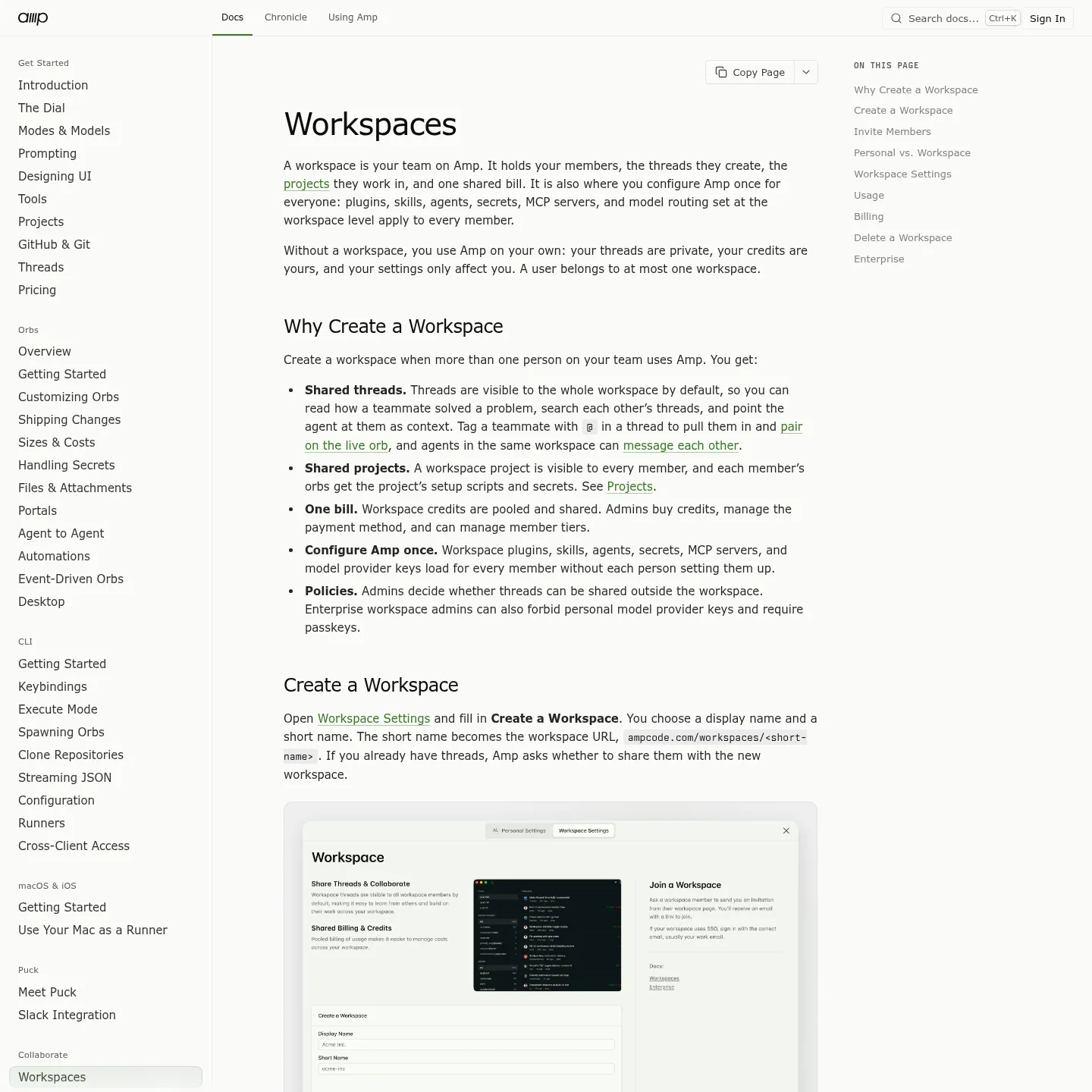 Amp workspace manual with documented member management, shared settings and billing controls