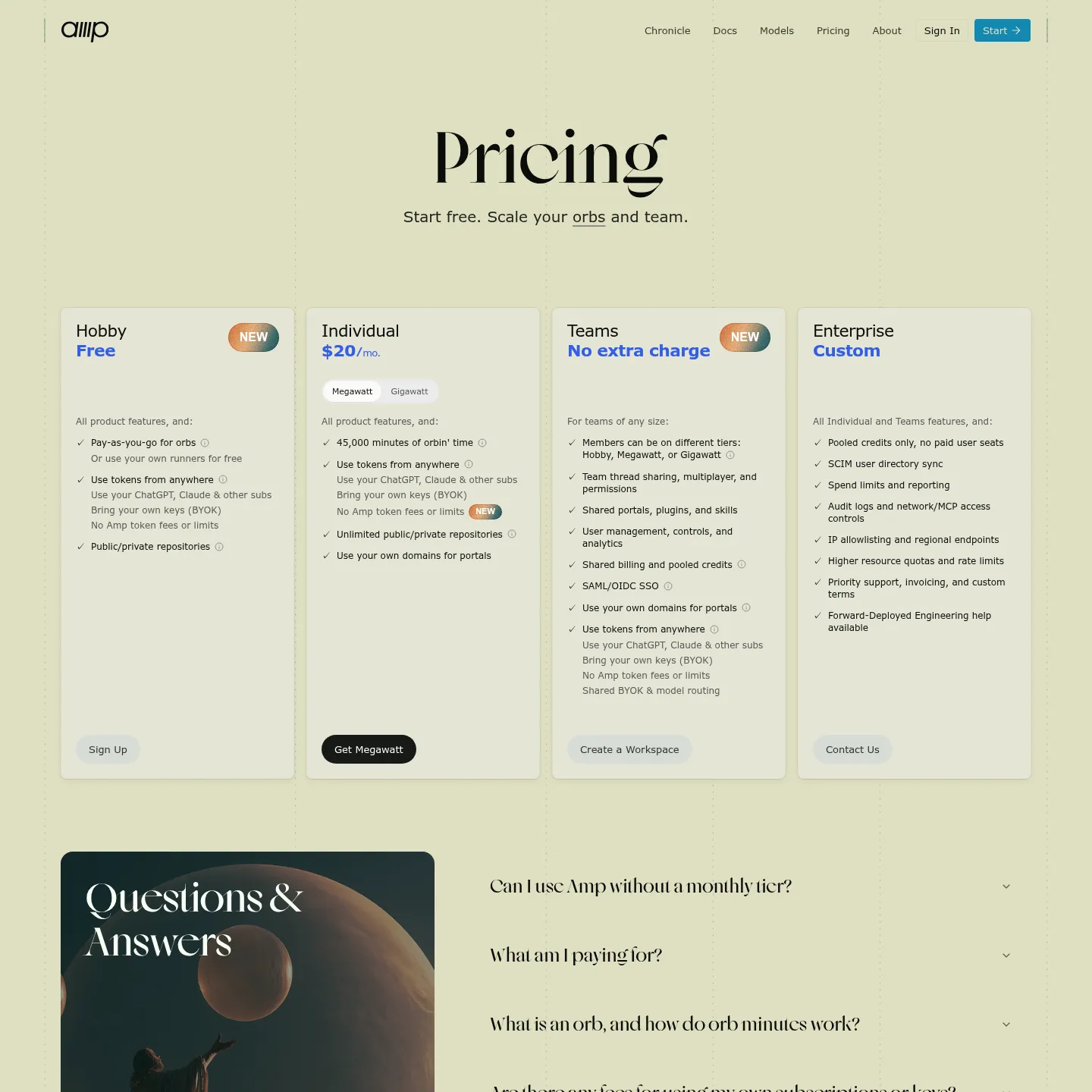 Amp public pricing page listing Hobby, Individual, Teams and Enterprise options