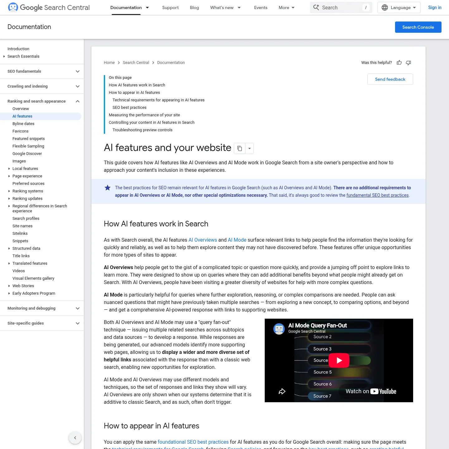 AI 기능과 웹사이트의 표시 요건을 설명하는 Google Search Central 문서