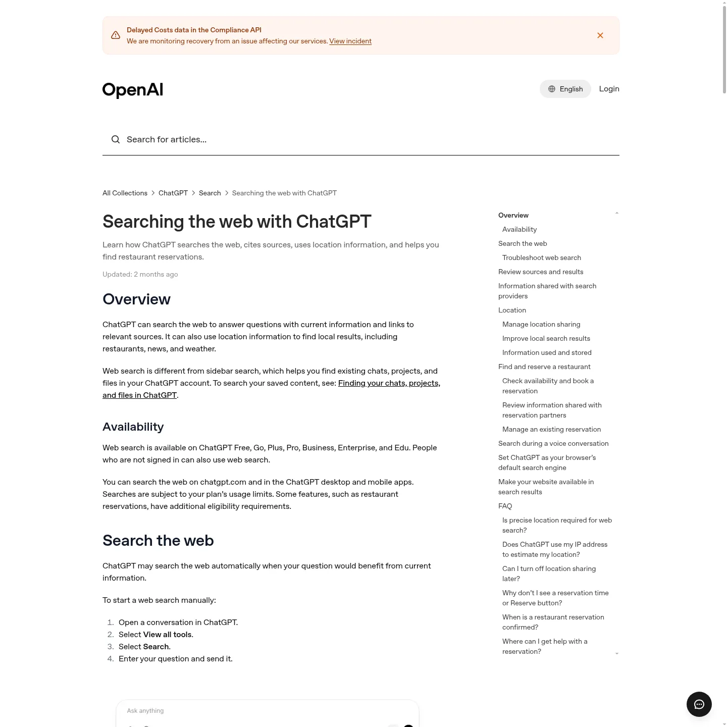 ChatGPT 웹 검색과 출처 인용을 설명하는 OpenAI 도움말 페이지