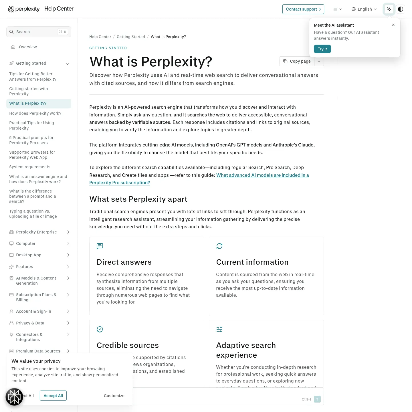 답변과 연결된 출처를 설명하는 Perplexity 공식 소개 페이지