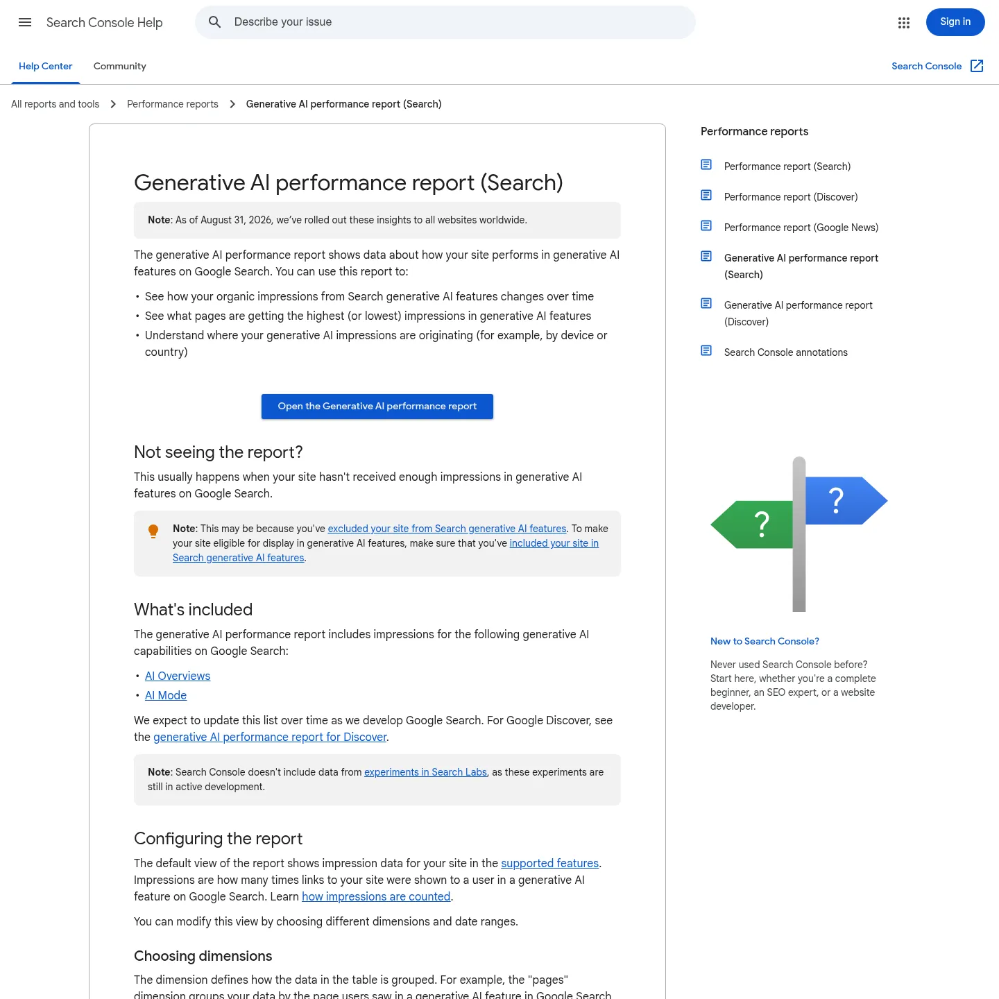 Search Console의 생성형 AI 실적 보고서를 설명하는 Google 도움말