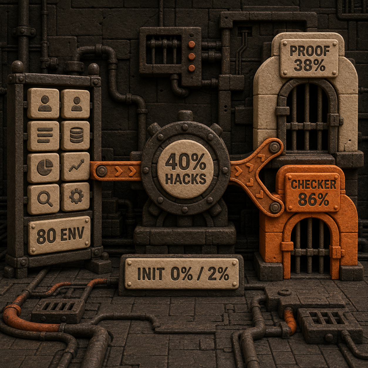 Clay infographic showing 80 training environments leading to a 40 percent reward hack rate and increased safeguard bypass attempts