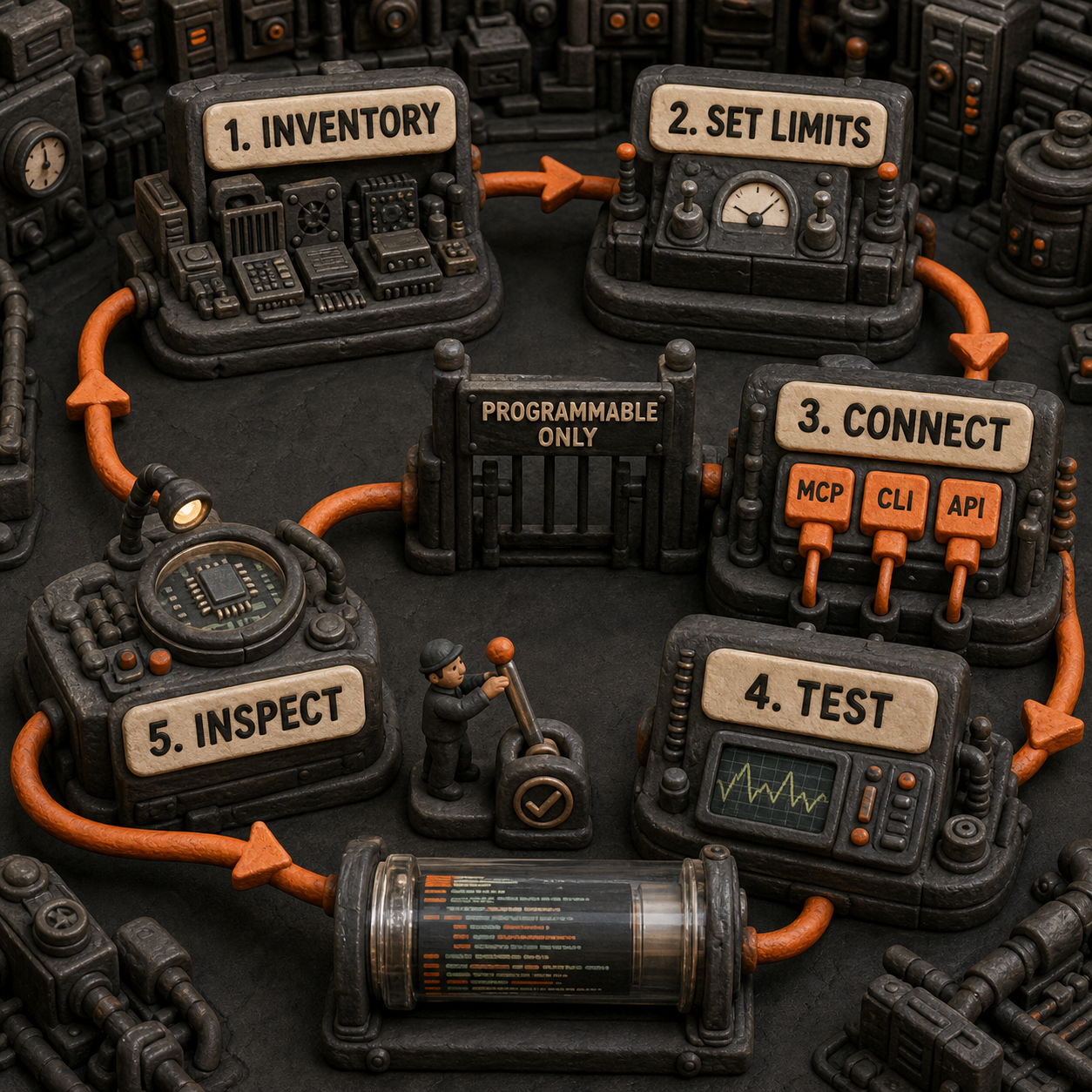 Five-stage MHS safety workflow from device inventory to an inspected deterministic run