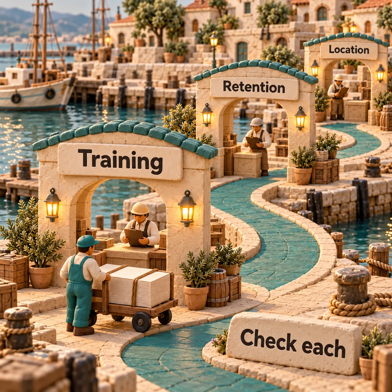 A clay harbor passage separates Training, Retention and Location into three distinct checks