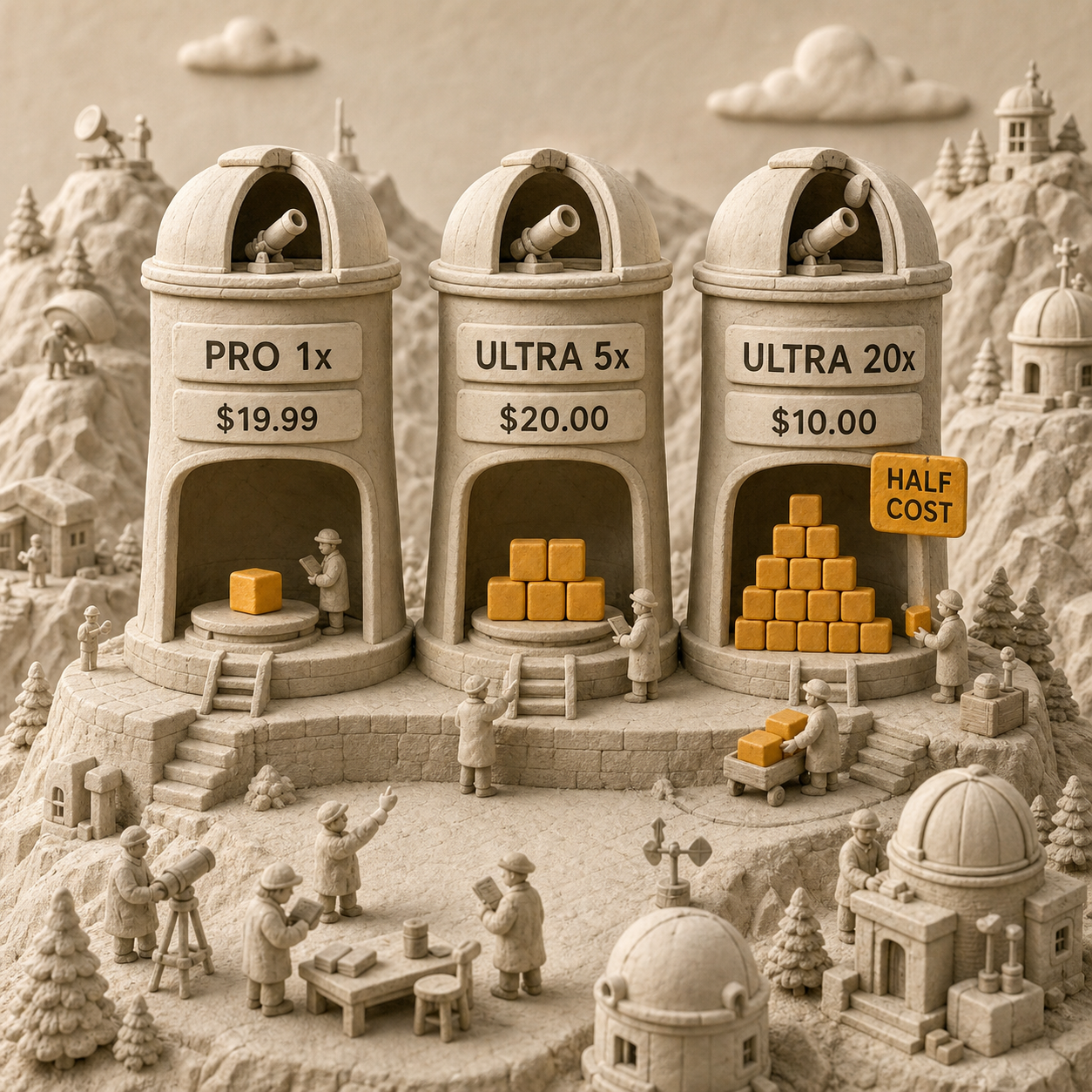 Three columns comparing Antigravity Pro, Ultra 5x, and Ultra 20x quota cost