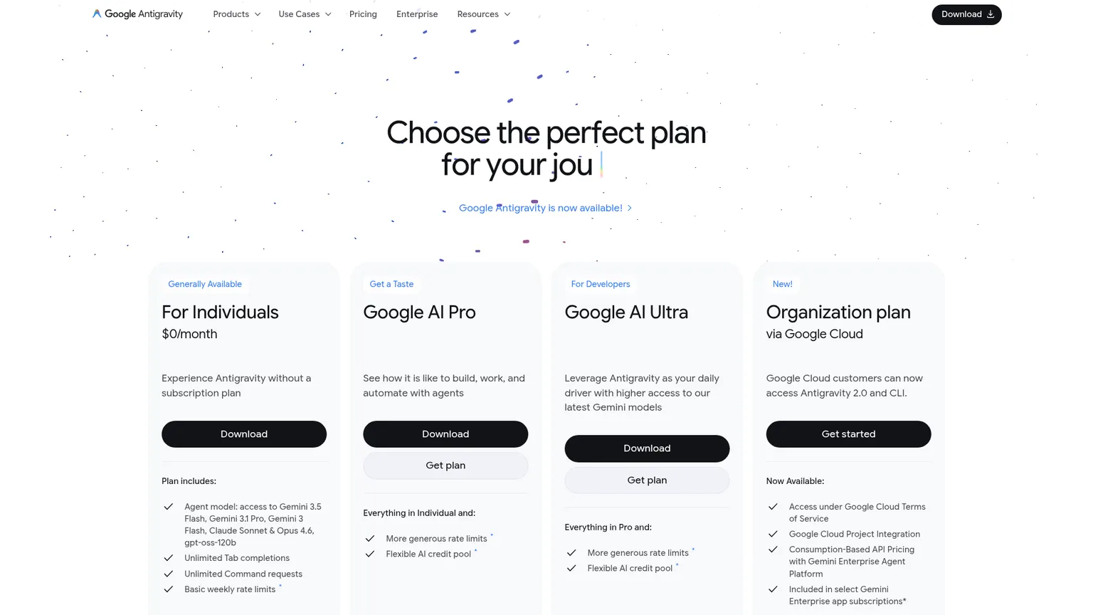 Pagina dei prezzi di Google Antigravity con le schede dei piani individuali e a pagamento