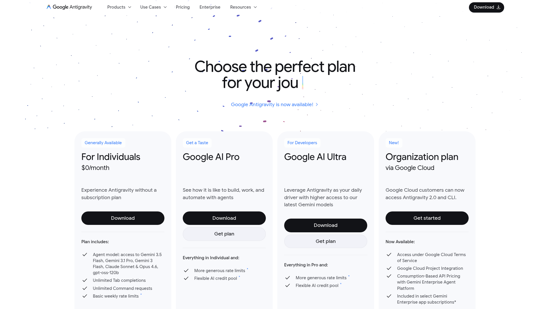 Google Antigravity pricing page with individual and paid plan cards