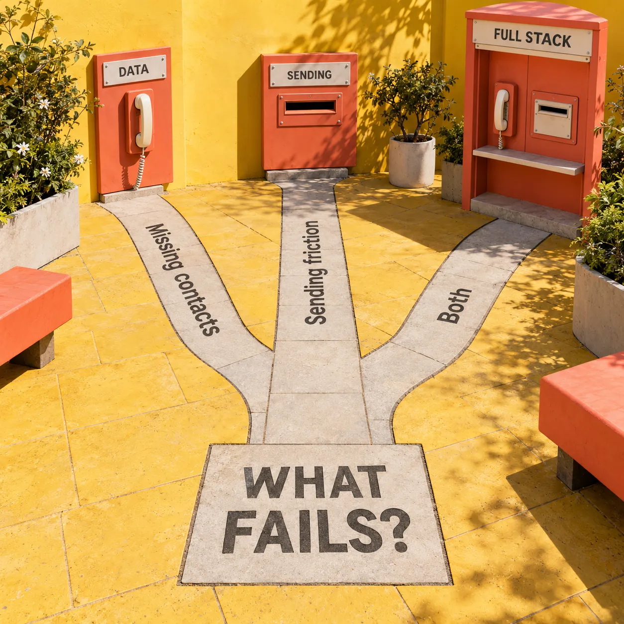 Three courtyard paths connect missing contacts to data, sending friction to sending, and both problems to a full stack