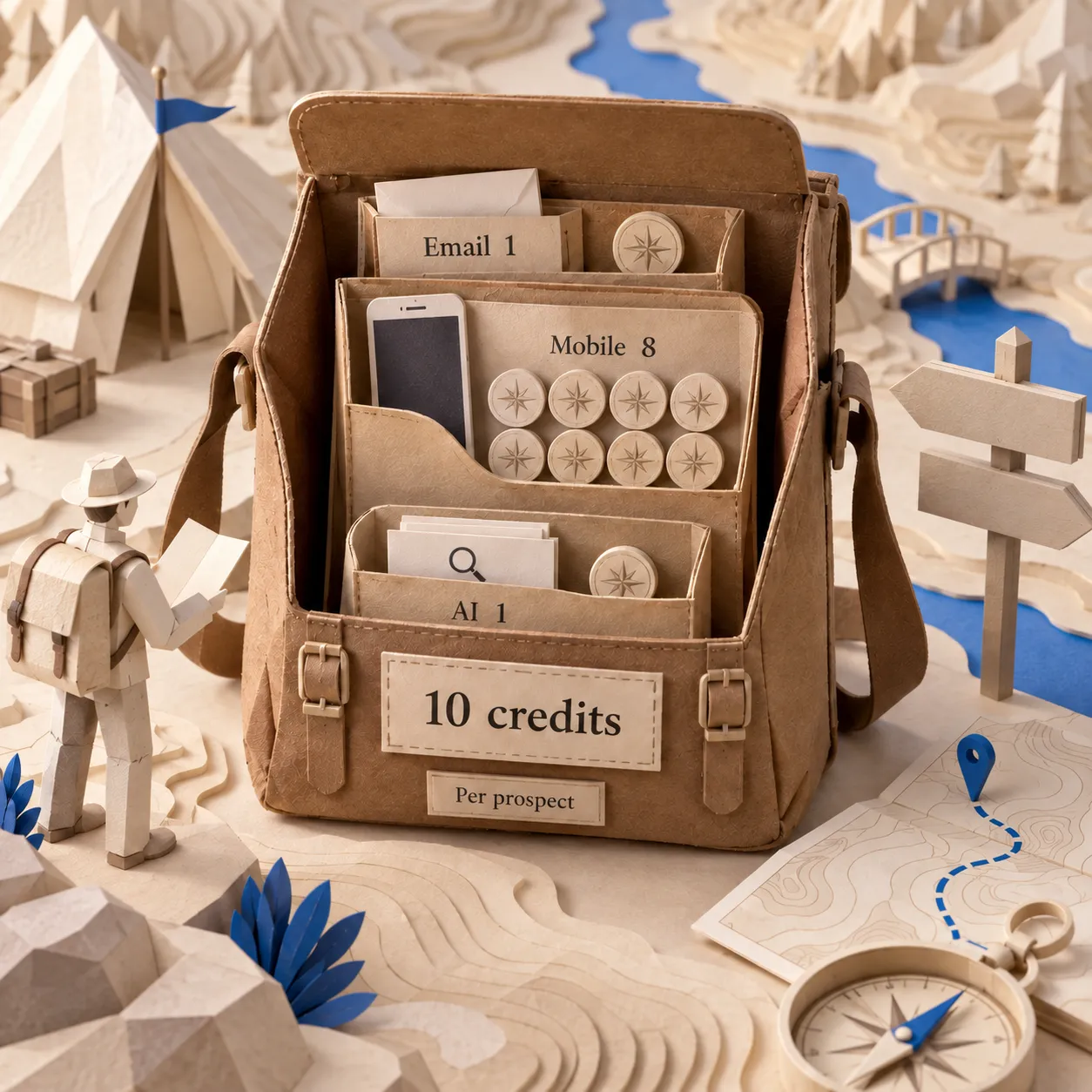 Sacoche de crédits en papier contenant un jeton e-mail, huit jetons mobile et un jeton IA, soit dix crédits par prospect