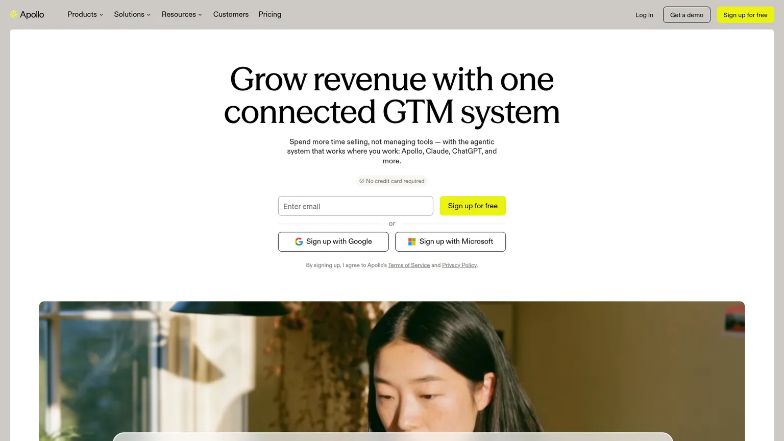 Apollo.io homepage showing its connected data, intelligence and execution products