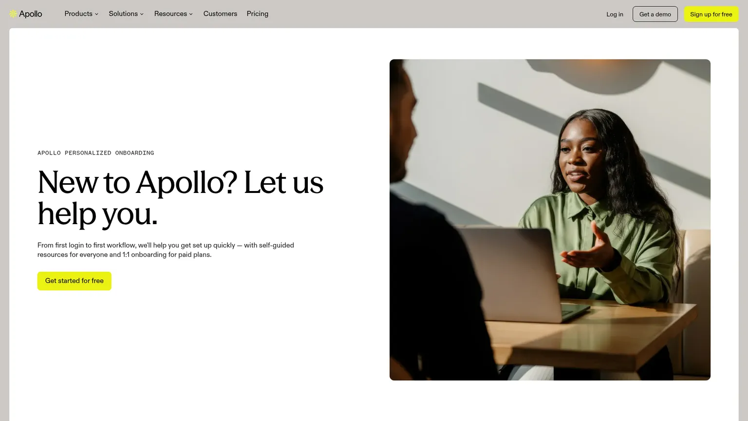 Apollo public onboarding page describing prospecting, mailbox setup, outreach and AI training