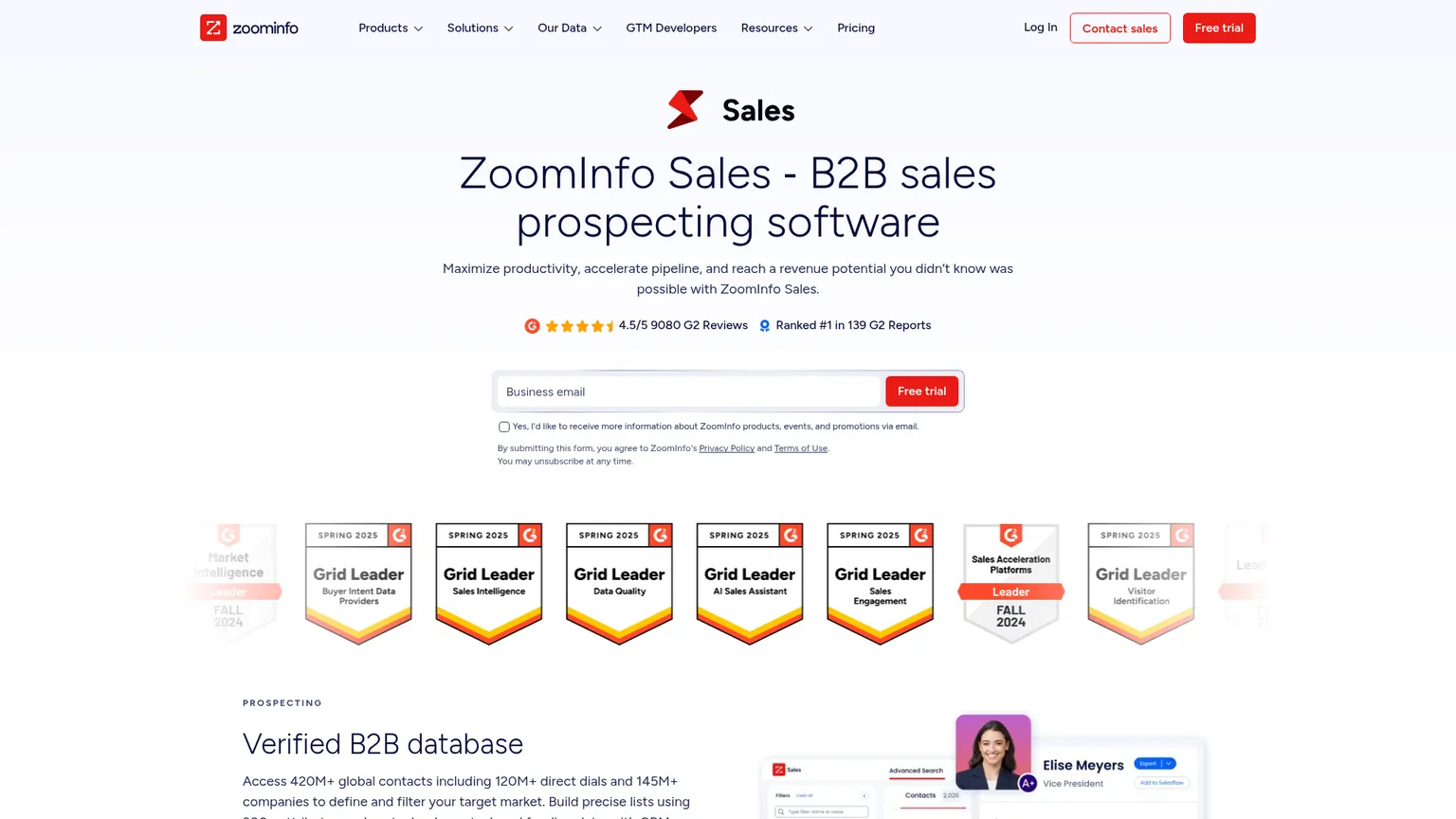 ZoomInfo Sales product page showing prospecting, buyer intent and CRM workflows