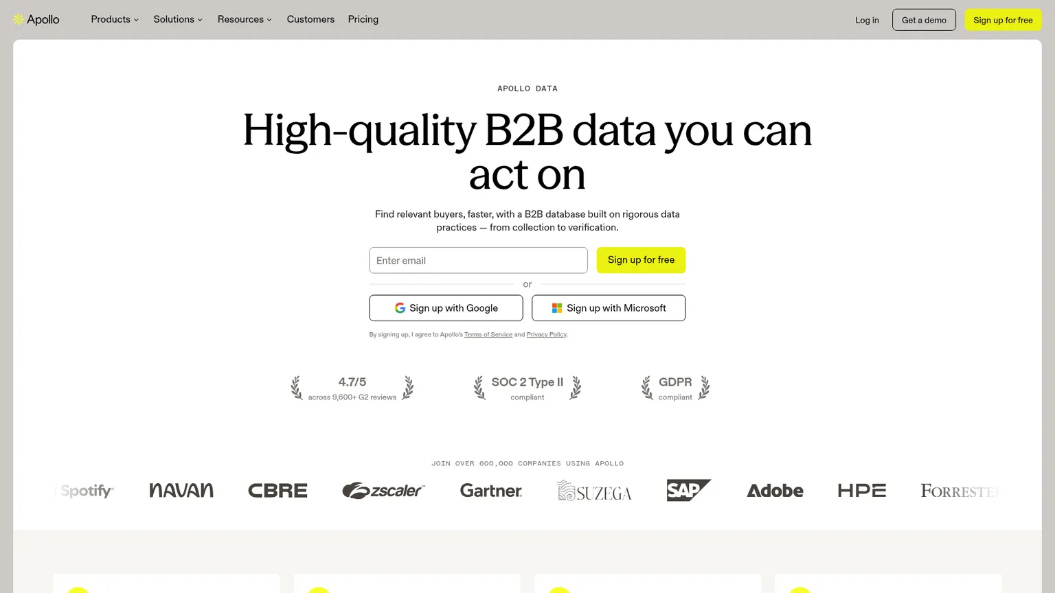 Apollo Data page describing search filters, verification, contributor sources and enrichment