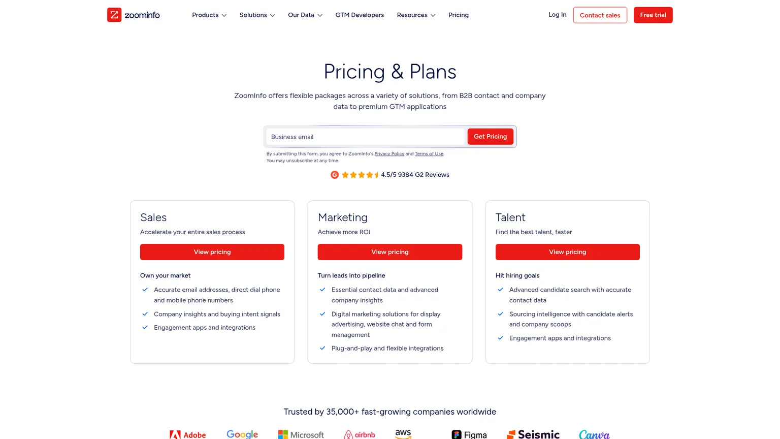 ZoomInfo pricing page with its quote request and sales package descriptions
