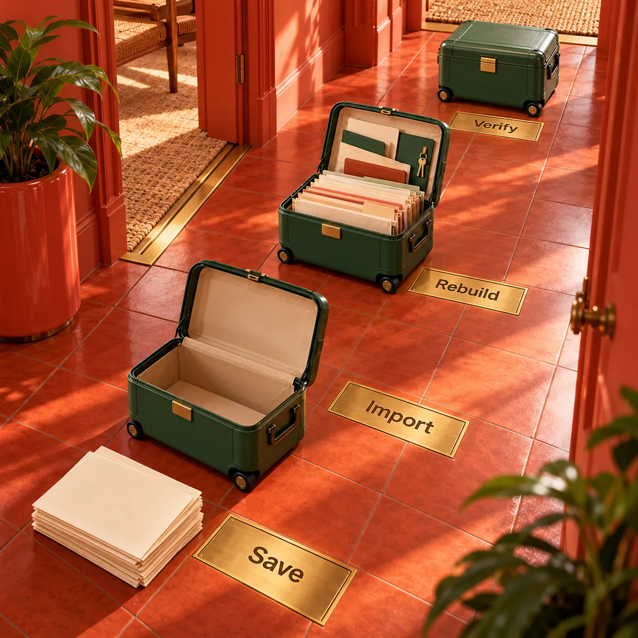 A document case follows the physical sequence Save, Import, Rebuild and Verify through an entrance hall