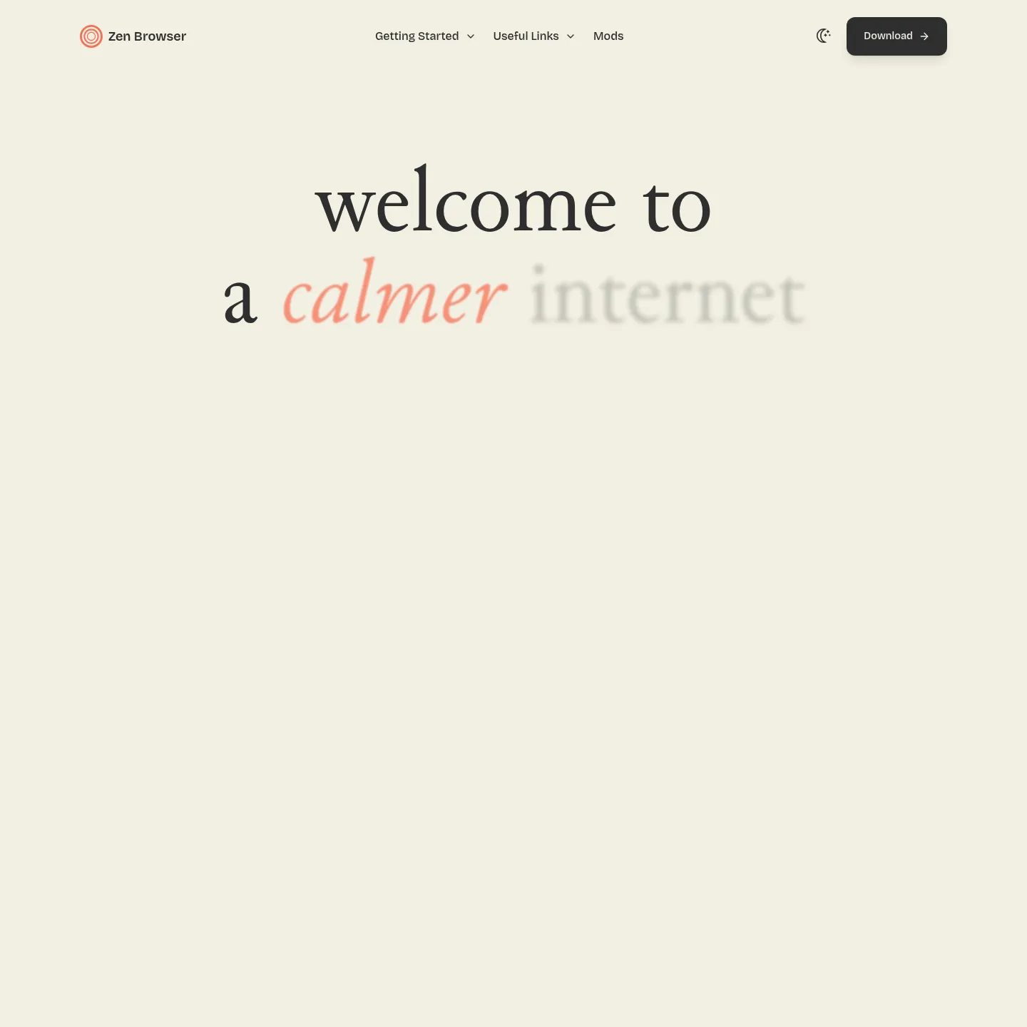 Zen Browser's product page showing its sidebar, workspaces and split view