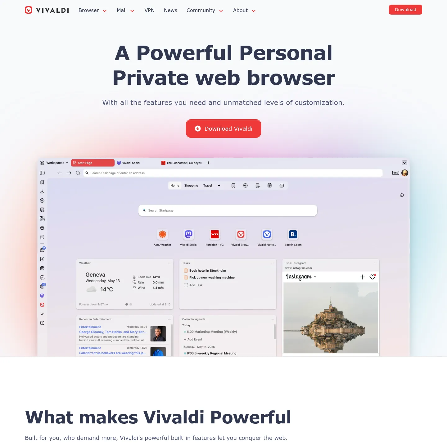 Vivaldi's desktop page showing tab tiling, stacks and workspaces