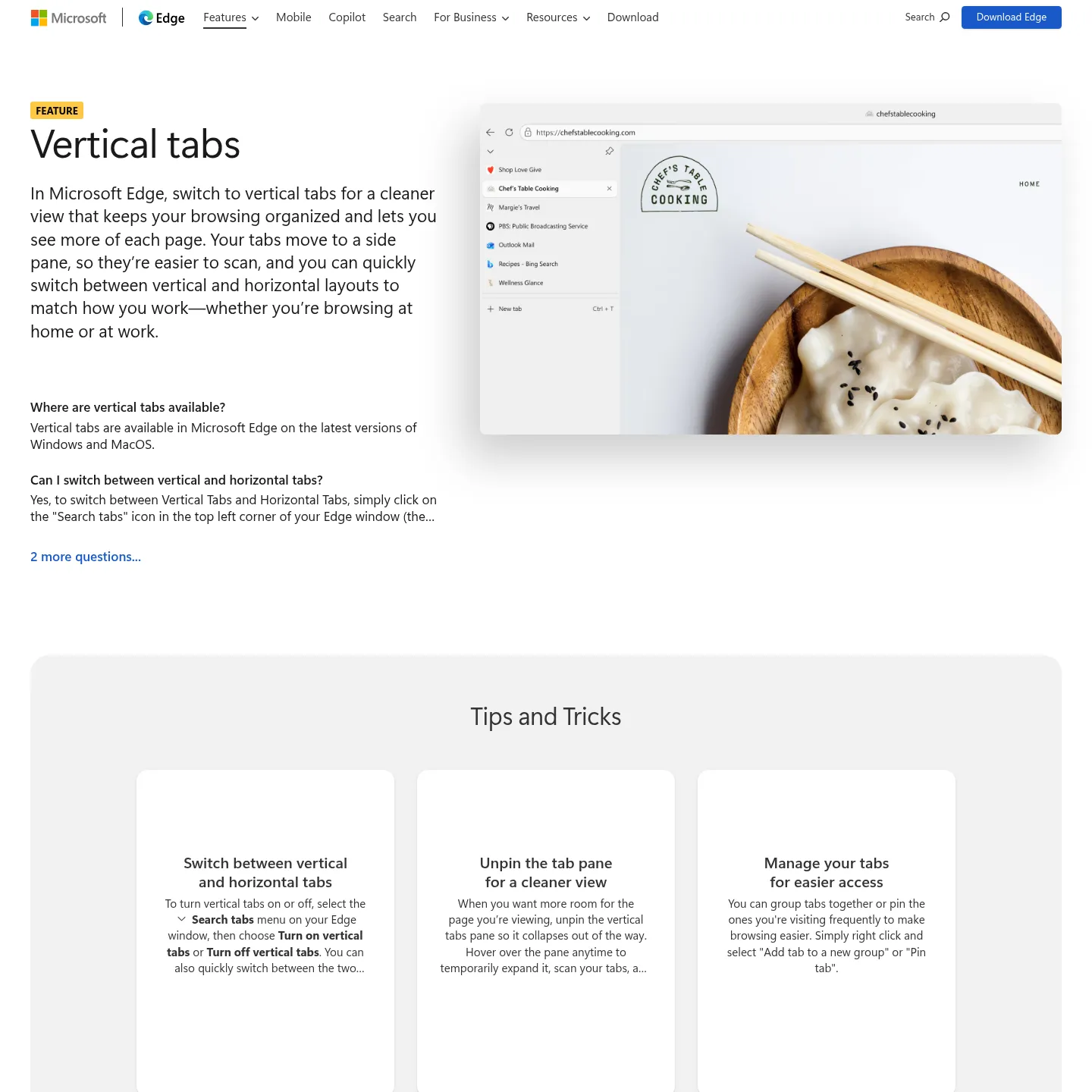 Microsoft Edge's vertical-tabs feature page showing a sidebar of open tabs