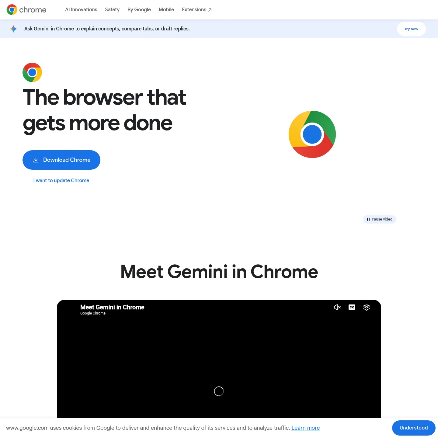 Google Chrome's official product page showing the browser and its current features