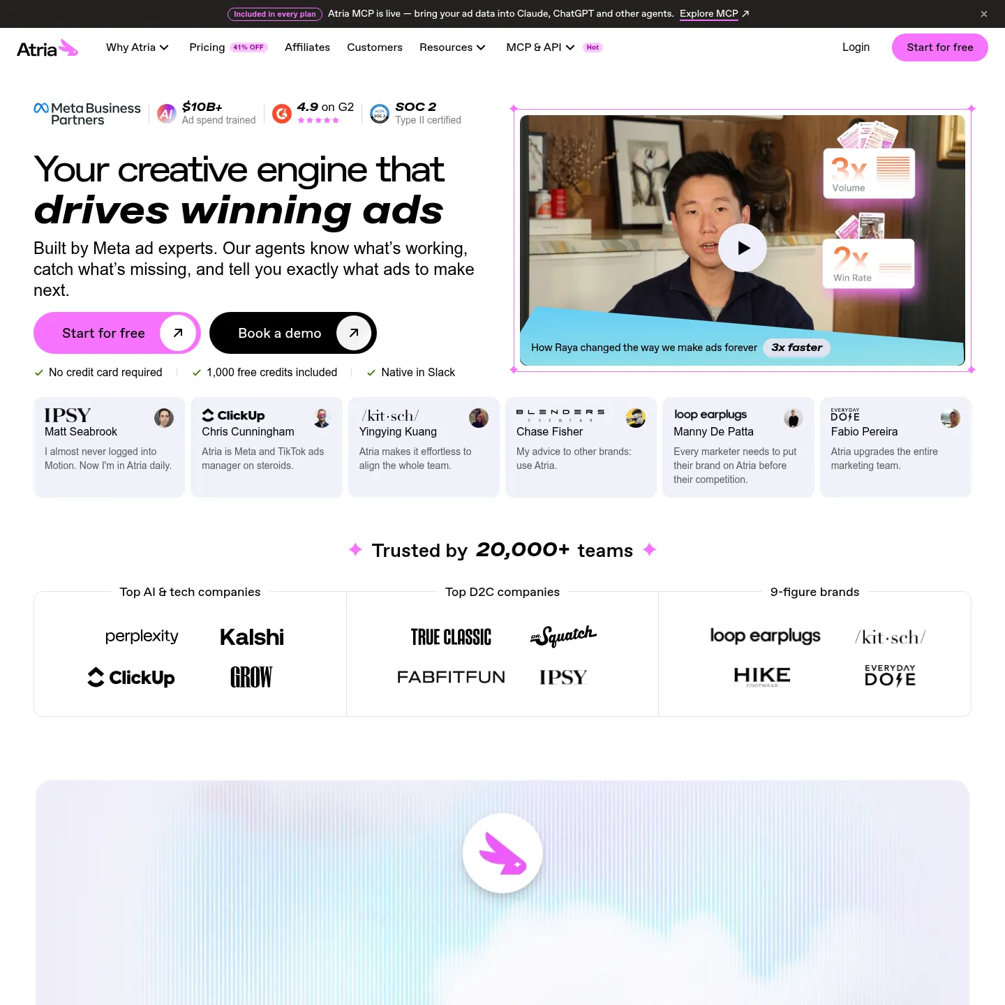 Atria homepage describing Raya and its research, creative and launch workflow