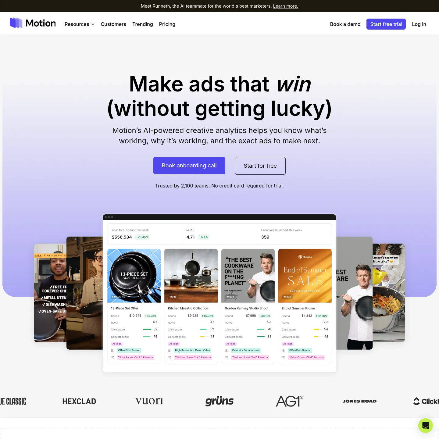 Motion's public page showing creative analytics and visual reporting
