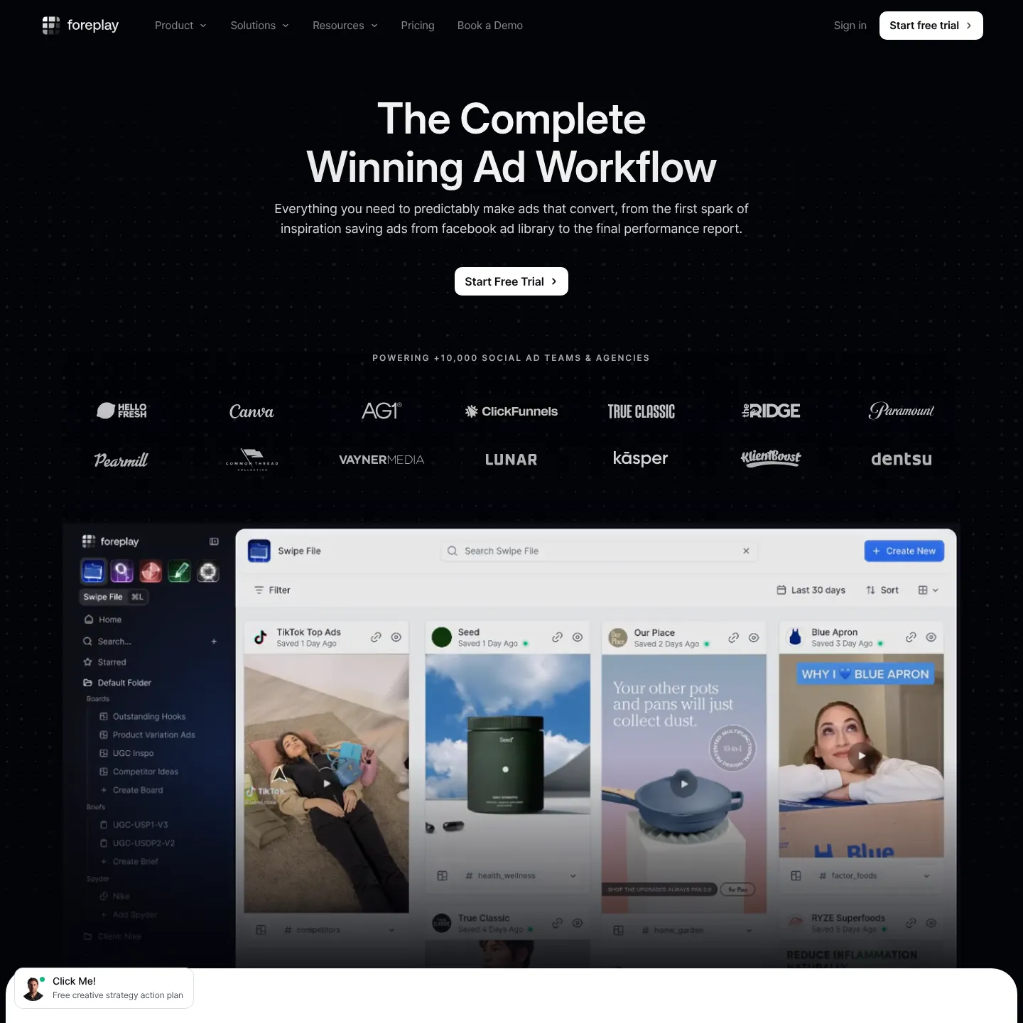 Foreplay homepage showing its saved-ad, research and briefing products