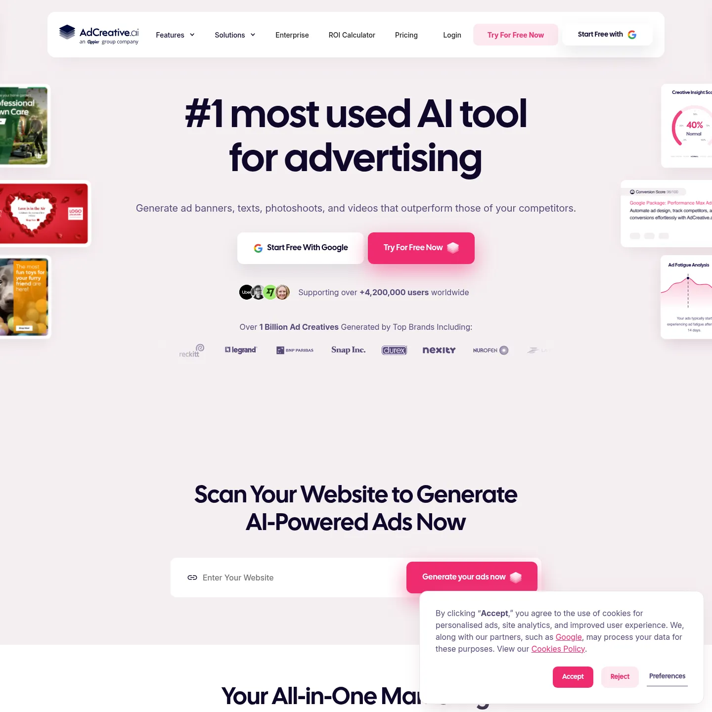 AdCreative.ai public page showing ad generation and product creative tools