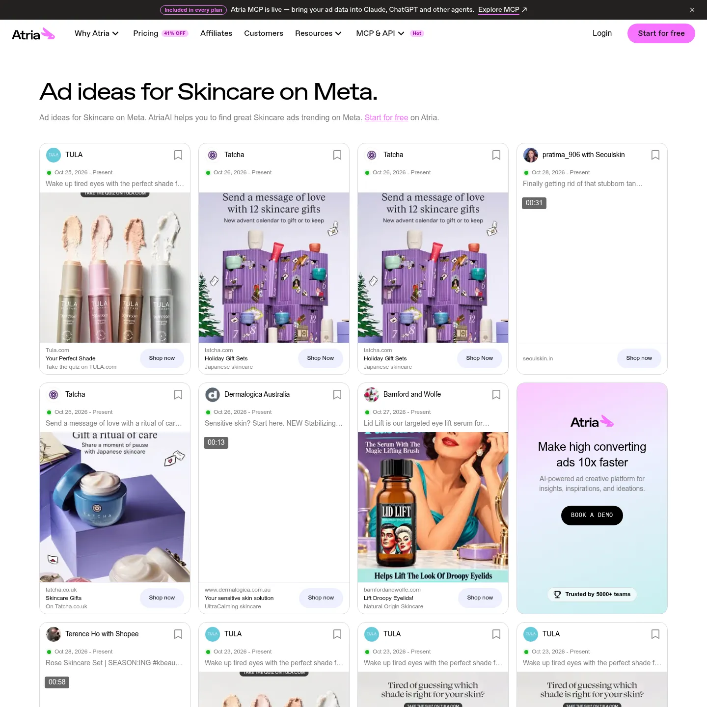 Actual skincare ad listings on Atria's public Meta inspiration page