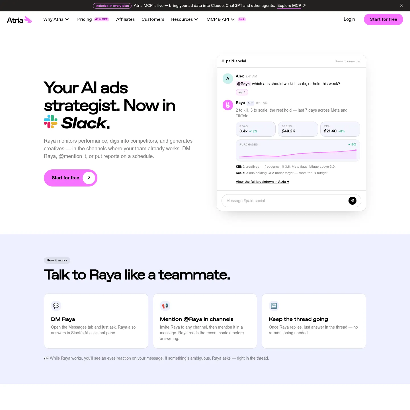 Atria's Slack integration page showing Raya reporting and creative requests