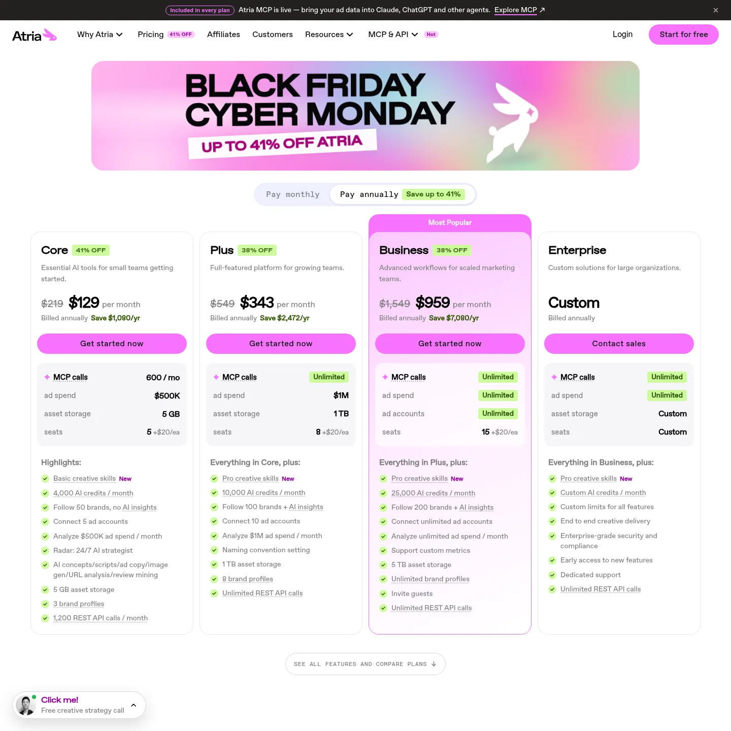 Atria pricing page showing the promotional annual plans and feature limits
